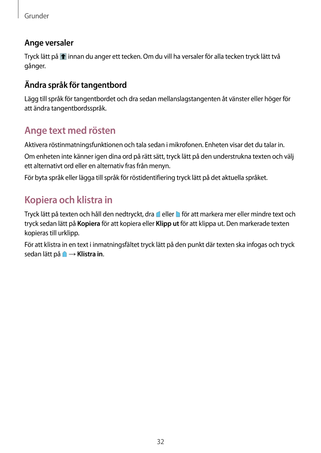 Samsung GT-I9195ZKINEE manual Ange text med rösten, Kopiera och klistra, Ange versaler, Ändra språk för tangentbord 