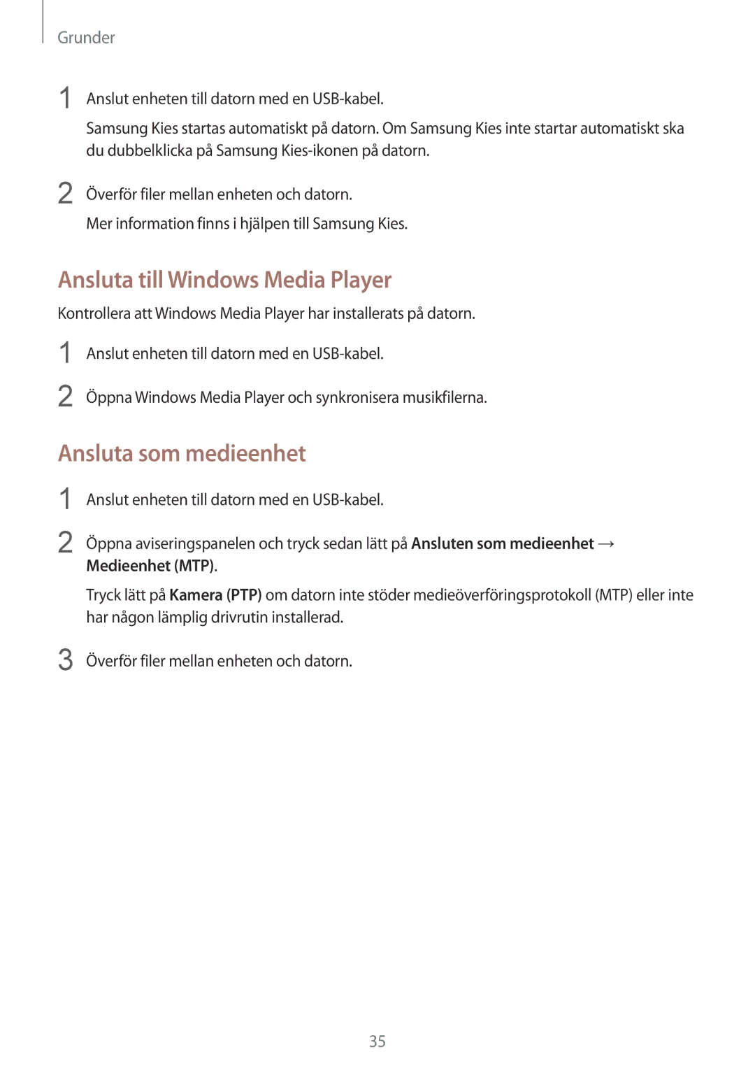 Samsung GT-I9195ZKINEE, GT-I9195DKINEE manual Ansluta till Windows Media Player, Ansluta som medieenhet, Medieenhet MTP 