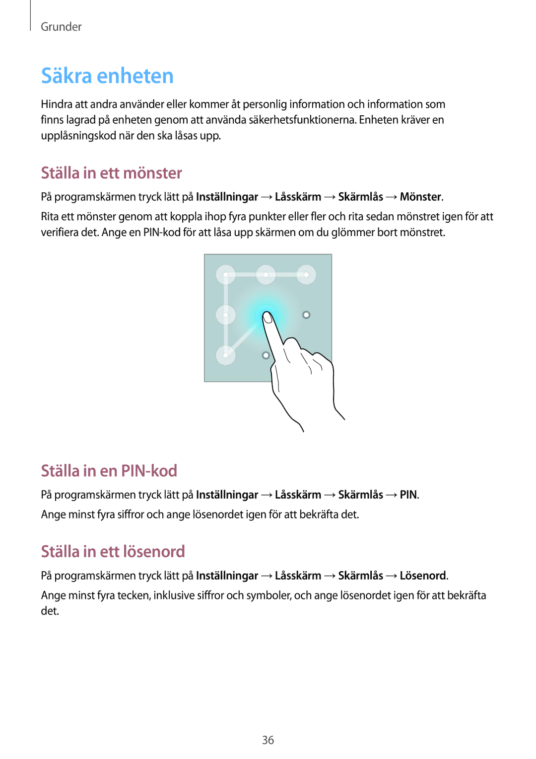 Samsung GT-I9195DKINEE, GT-I9195ZWINEE Säkra enheten, Ställa in ett mönster, Ställa in en PIN-kod, Ställa in ett lösenord 