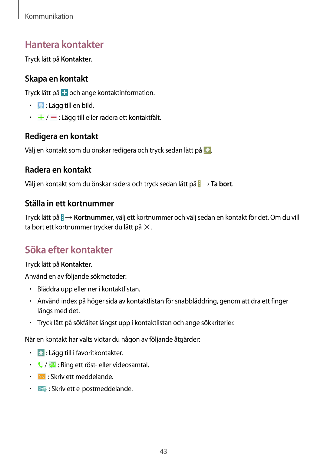 Samsung GT-I9195ZWINEE, GT-I9195DKINEE, GT-I9195ZKINEE manual Hantera kontakter, Söka efter kontakter 