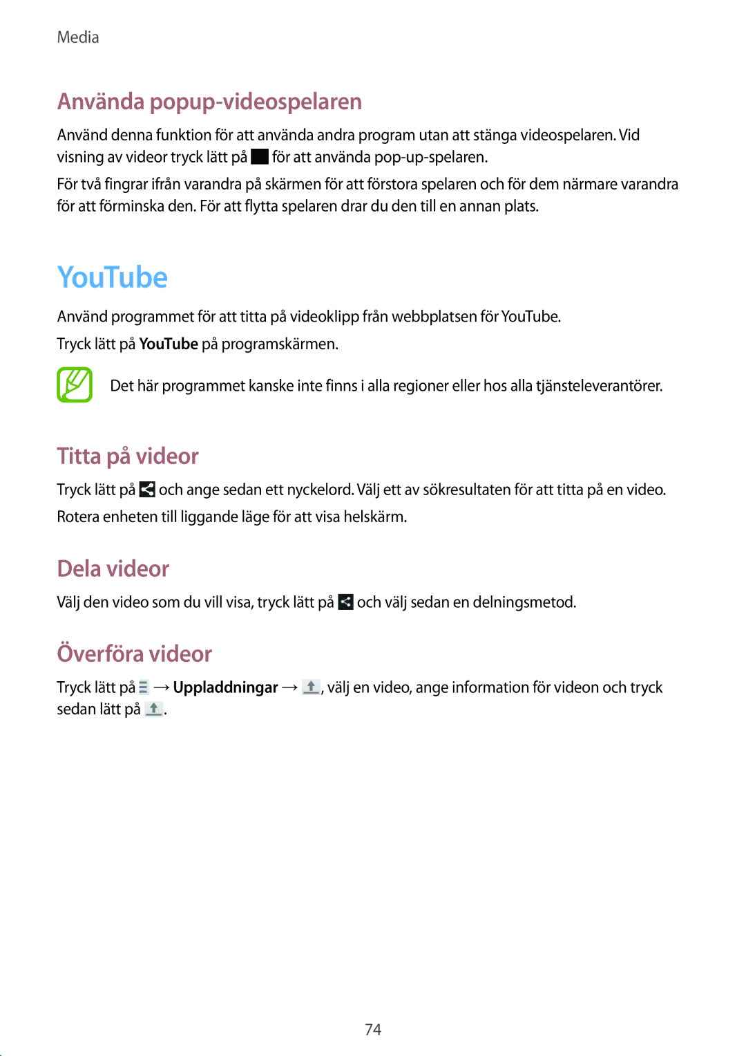 Samsung GT-I9195ZKINEE, GT-I9195DKINEE manual YouTube, Använda popup-videospelaren, Titta på videor, Överföra videor 