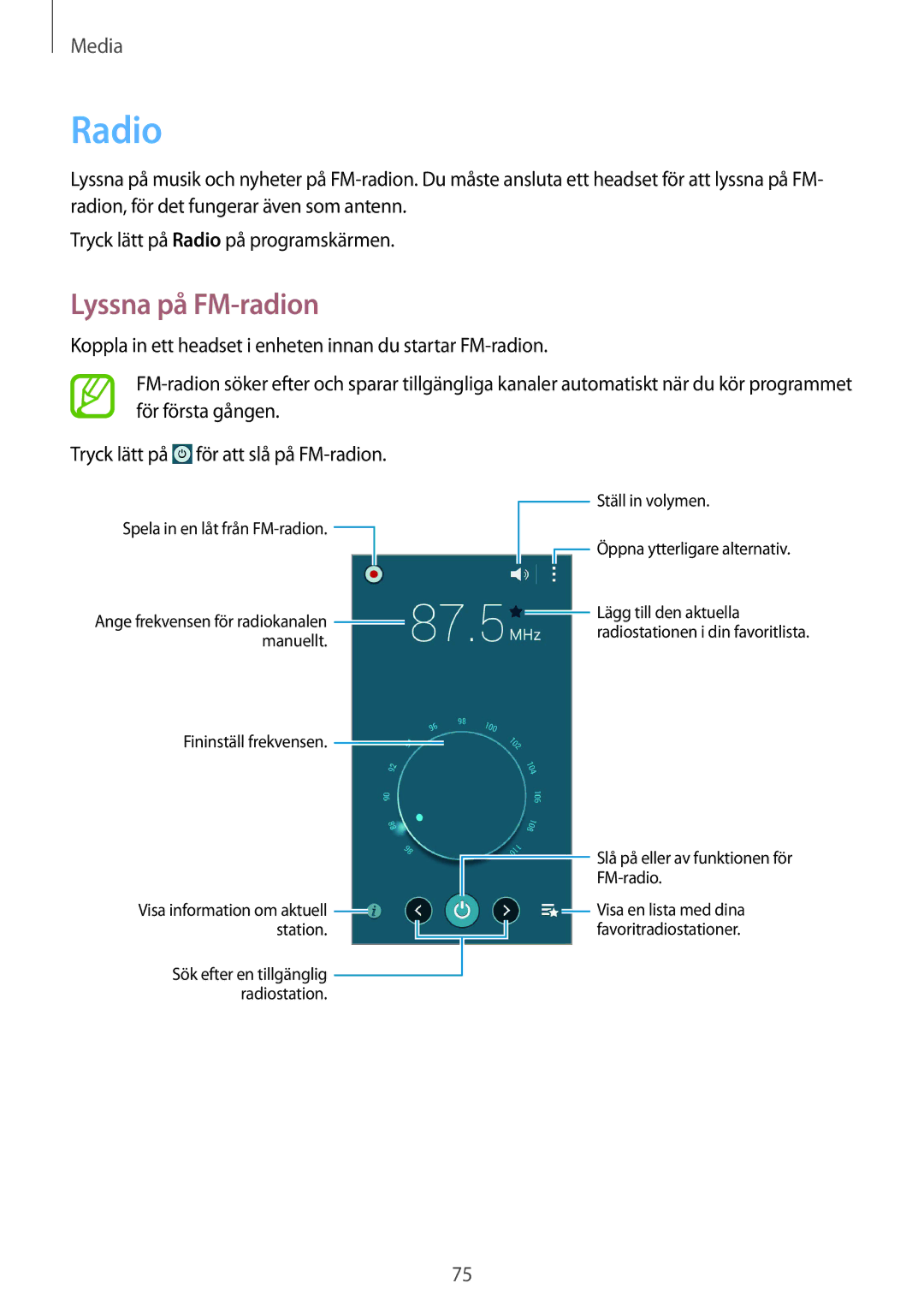 Samsung GT-I9195DKINEE, GT-I9195ZWINEE, GT-I9195ZKINEE manual Radio, Lyssna på FM-radion 