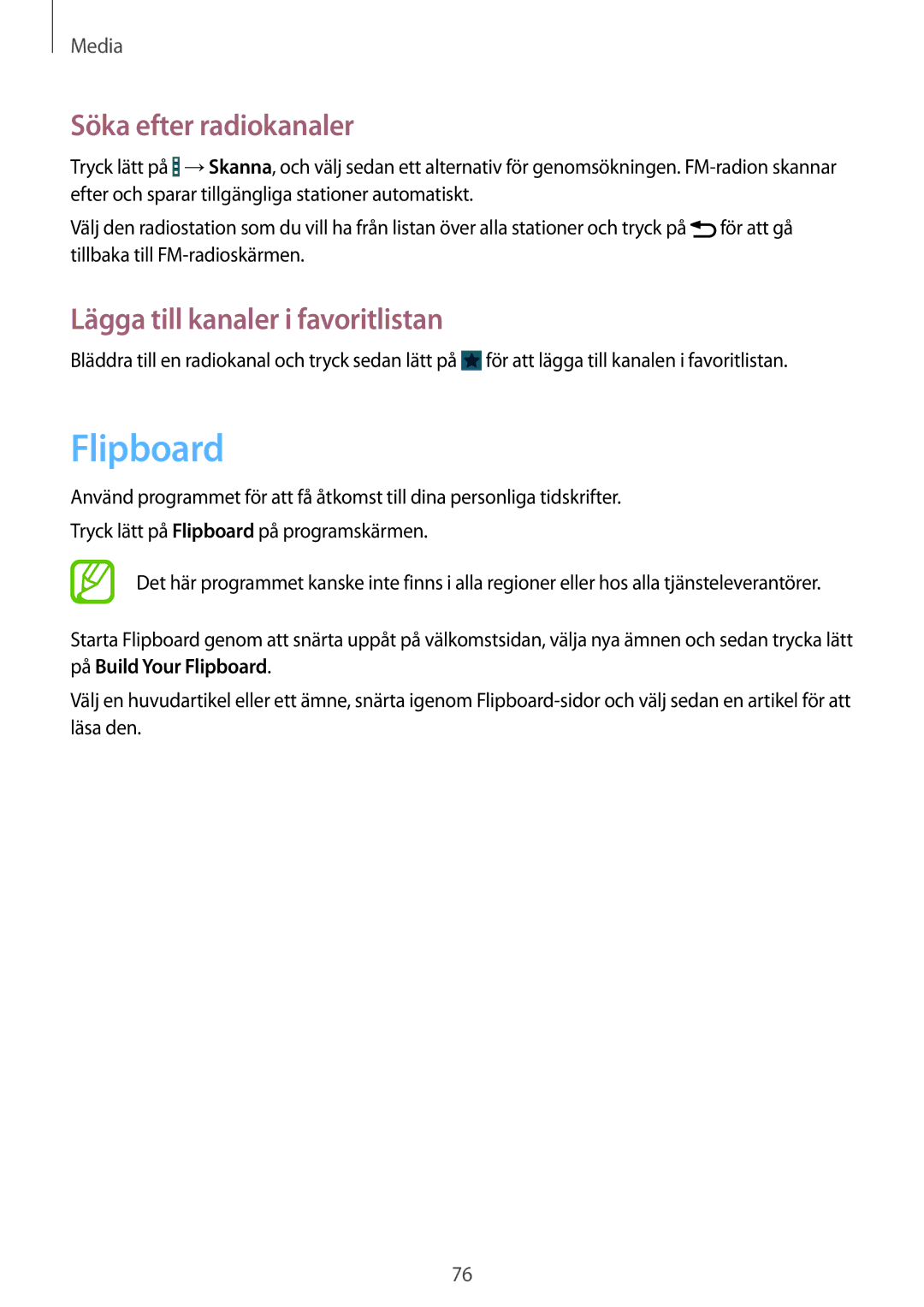 Samsung GT-I9195ZWINEE, GT-I9195DKINEE manual Flipboard, Söka efter radiokanaler, Lägga till kanaler i favoritlistan 