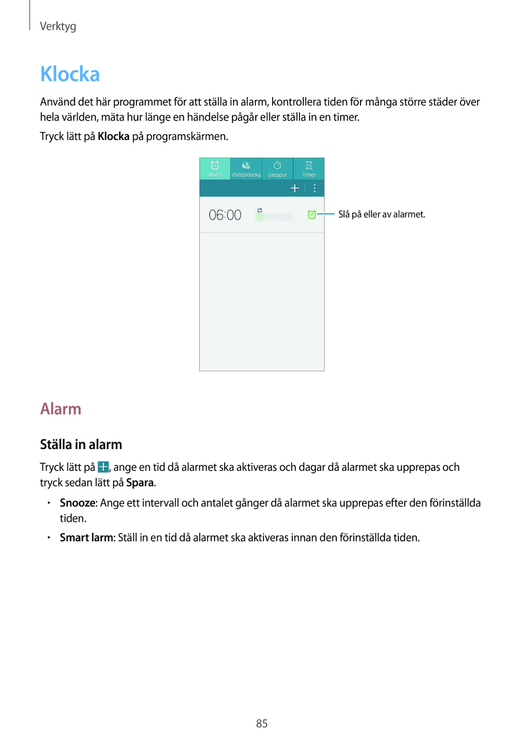 Samsung GT-I9195ZWINEE, GT-I9195DKINEE, GT-I9195ZKINEE manual Klocka, Alarm, Ställa in alarm 