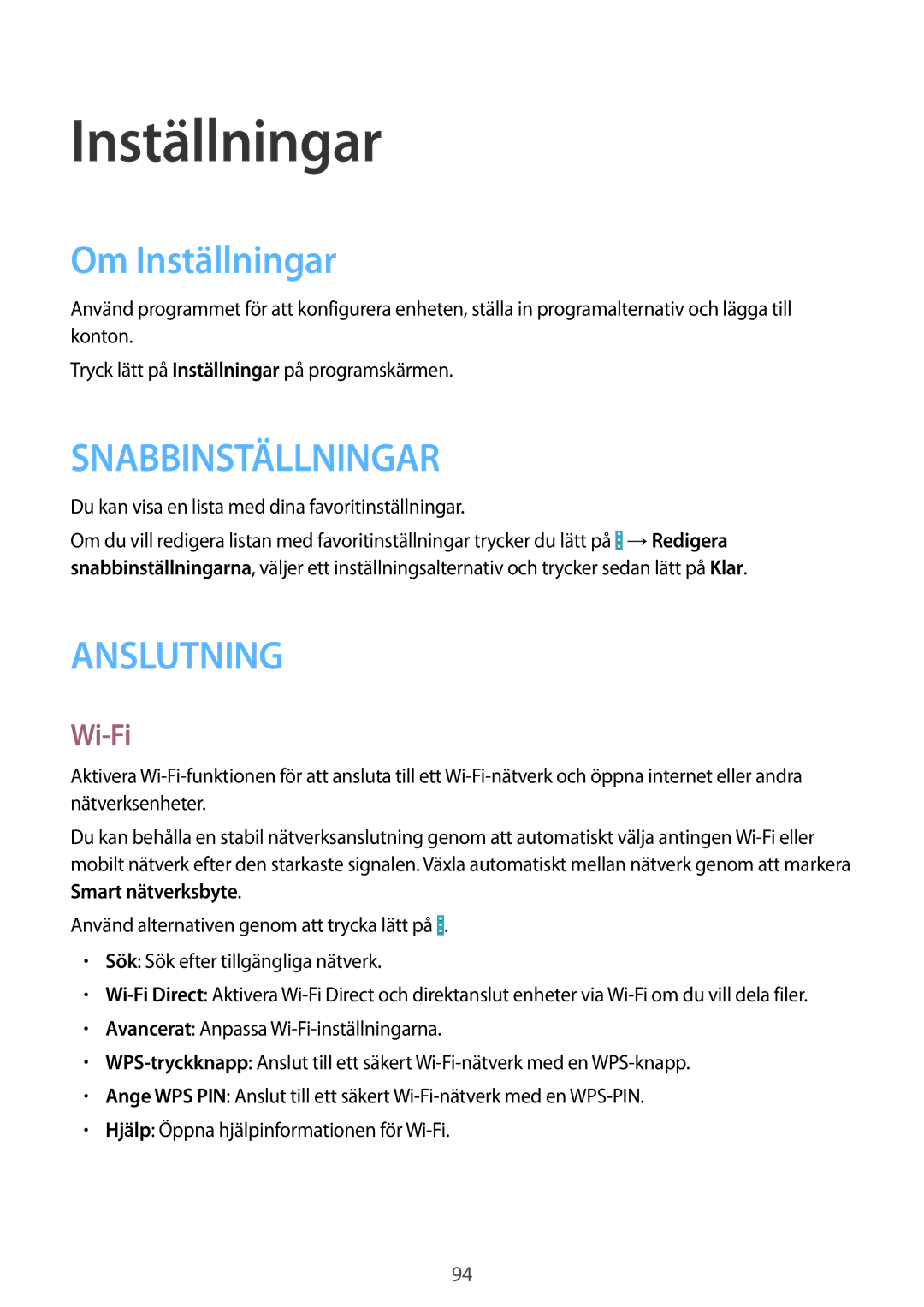 Samsung GT-I9195ZWINEE, GT-I9195DKINEE, GT-I9195ZKINEE manual Om Inställningar, Wi-Fi 