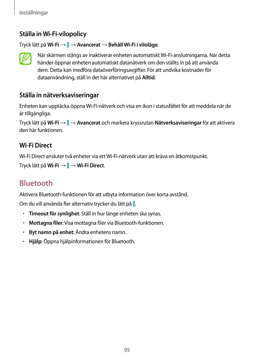 Samsung GT-I9195ZKINEE, GT-I9195DKINEE Bluetooth, Ställa in Wi-Fi-vilopolicy, Ställa in nätverksaviseringar, Wi-Fi Direct 