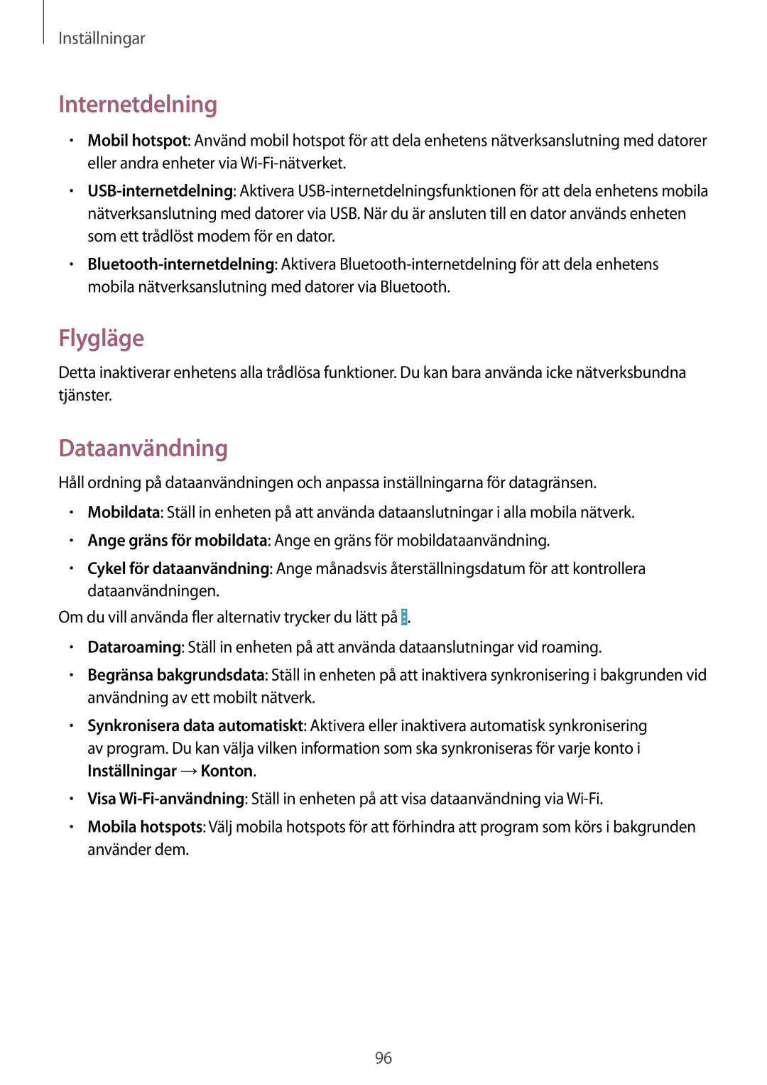 Samsung GT-I9195DKINEE, GT-I9195ZWINEE, GT-I9195ZKINEE manual Internetdelning, Flygläge, Dataanvändning 