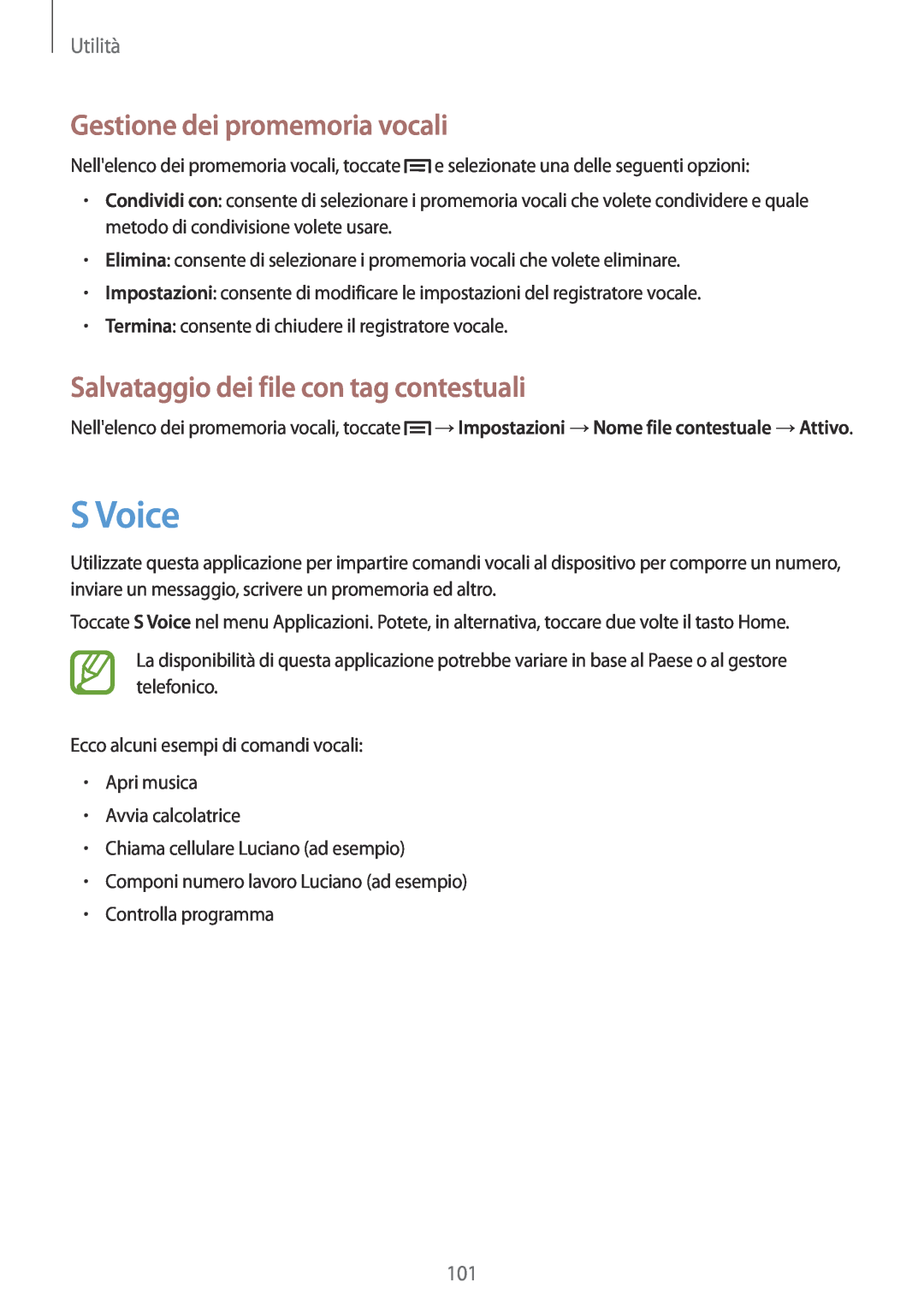 Samsung GT-I9195ZOAITV manual S Voice, Gestione dei promemoria vocali, Salvataggio dei file con tag contestuali, Utilità 
