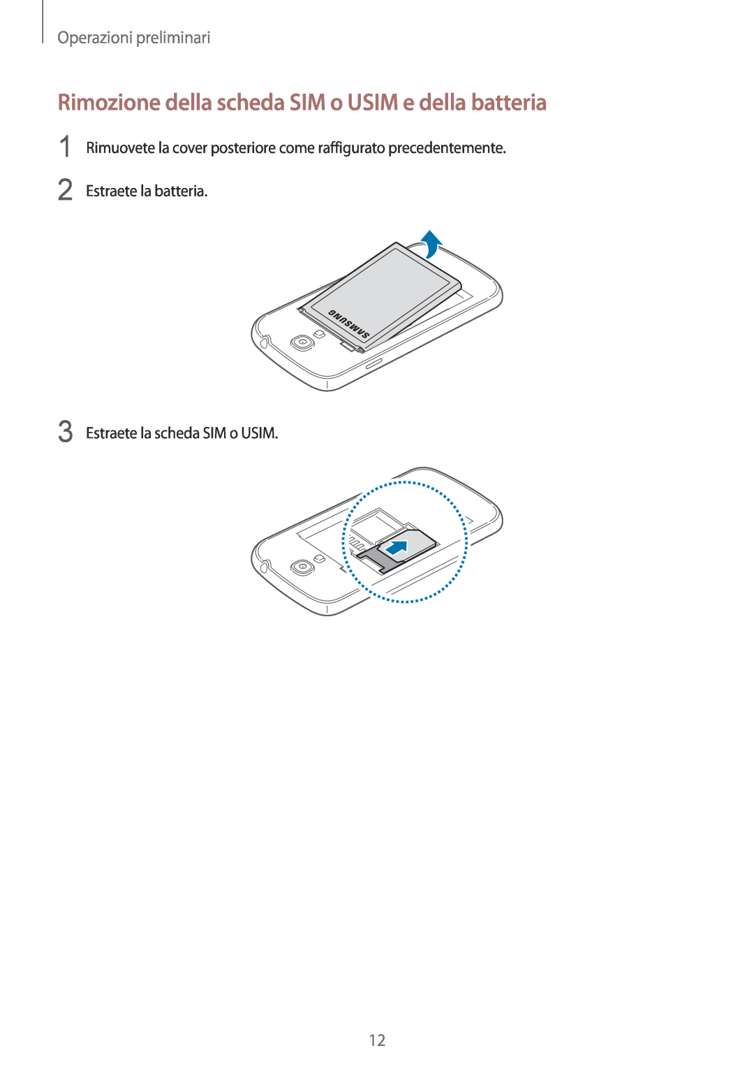 Samsung GT-I9195ZYAITV, GT-I9195DKYPLS manual Rimozione della scheda SIM o USIM e della batteria, Operazioni preliminari 