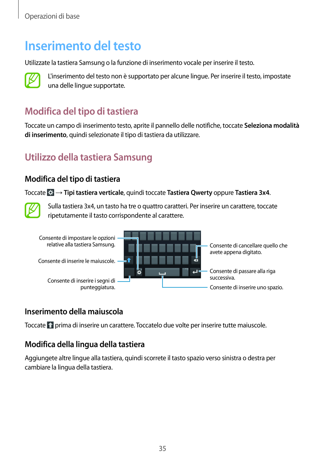Samsung GT-I9195DKYPLS manual Inserimento del testo, Modifica del tipo di tastiera, Utilizzo della tastiera Samsung 