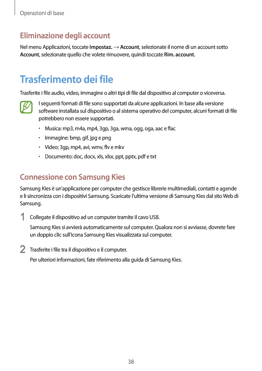 Samsung GT-I9195DKYXEO, GT-I9195DKYPLS Trasferimento dei file, Eliminazione degli account, Connessione con Samsung Kies 