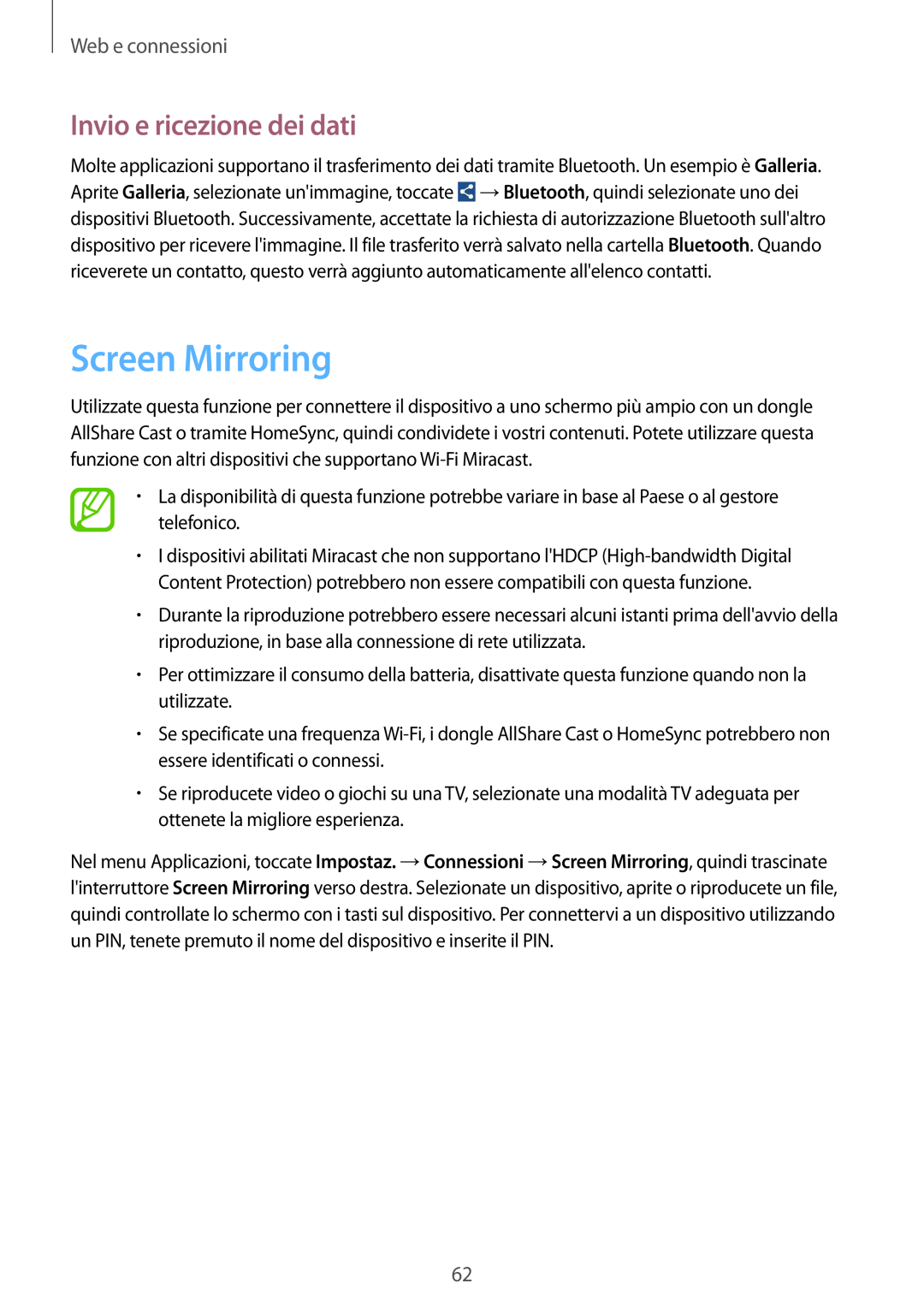 Samsung GT-I9195ZBAHUI, GT-I9195DKYPLS, GT-I9195ZKAWIN manual Screen Mirroring, Invio e ricezione dei dati, Web e connessioni 