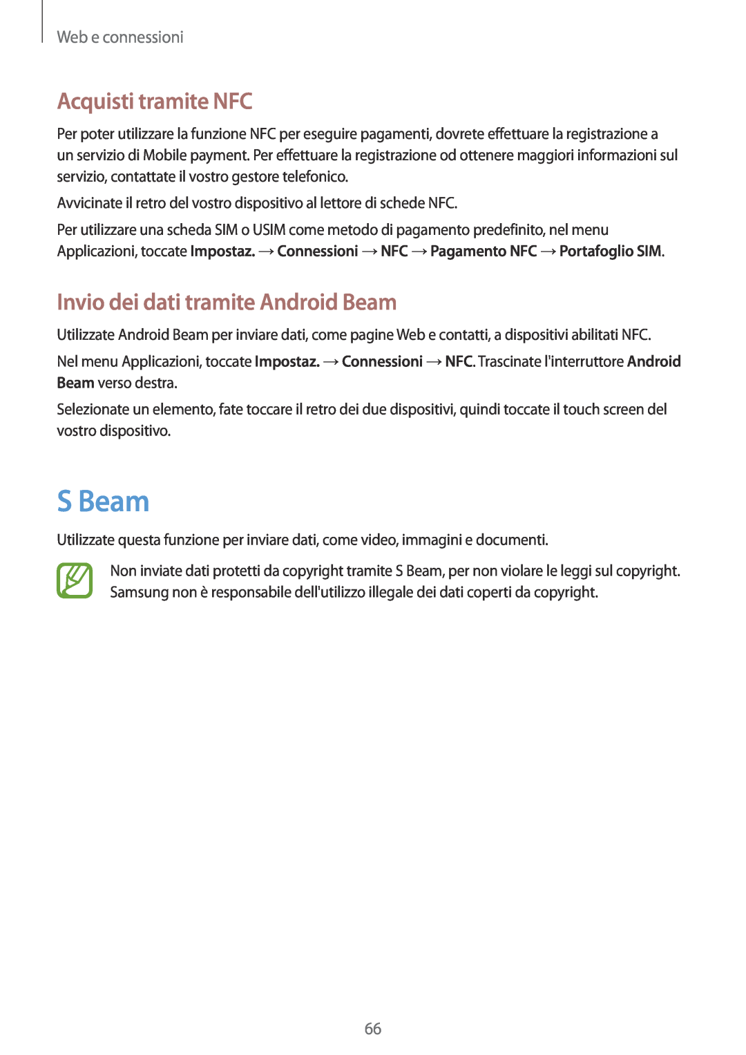 Samsung GT-I9195ZOAITV manual S Beam, Acquisti tramite NFC, Invio dei dati tramite Android Beam, Web e connessioni 