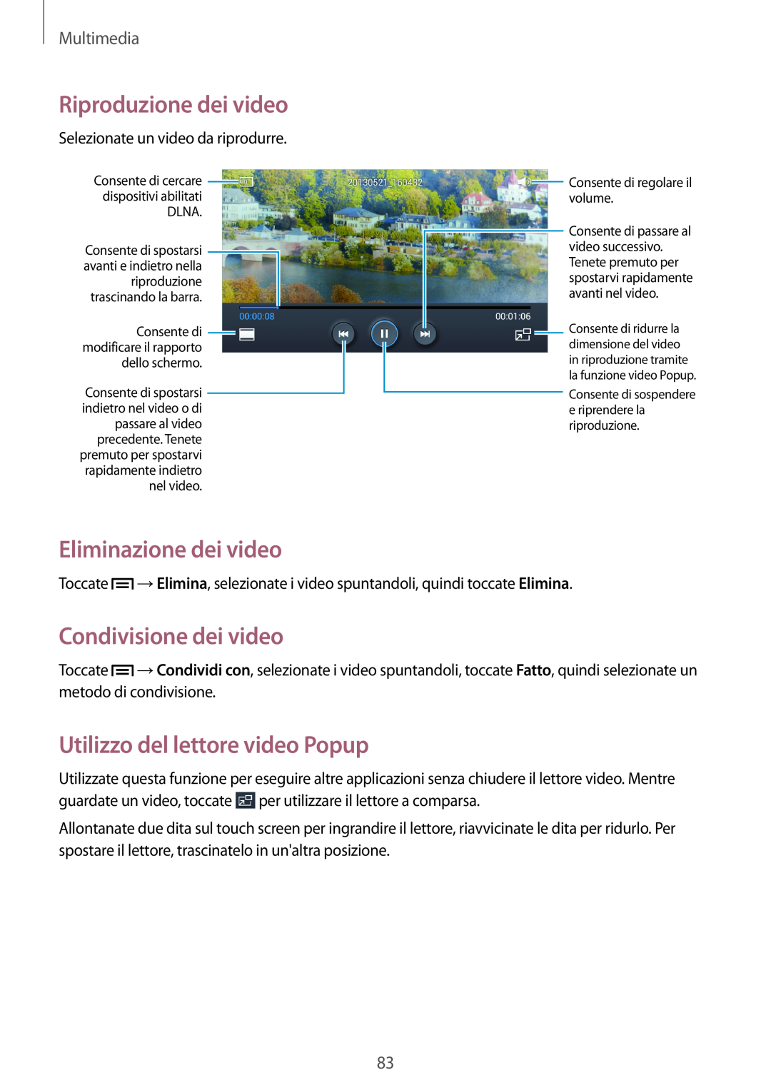 Samsung GT-I9195ZKATIM manual Eliminazione dei video, Condivisione dei video, Utilizzo del lettore video Popup, Multimedia 