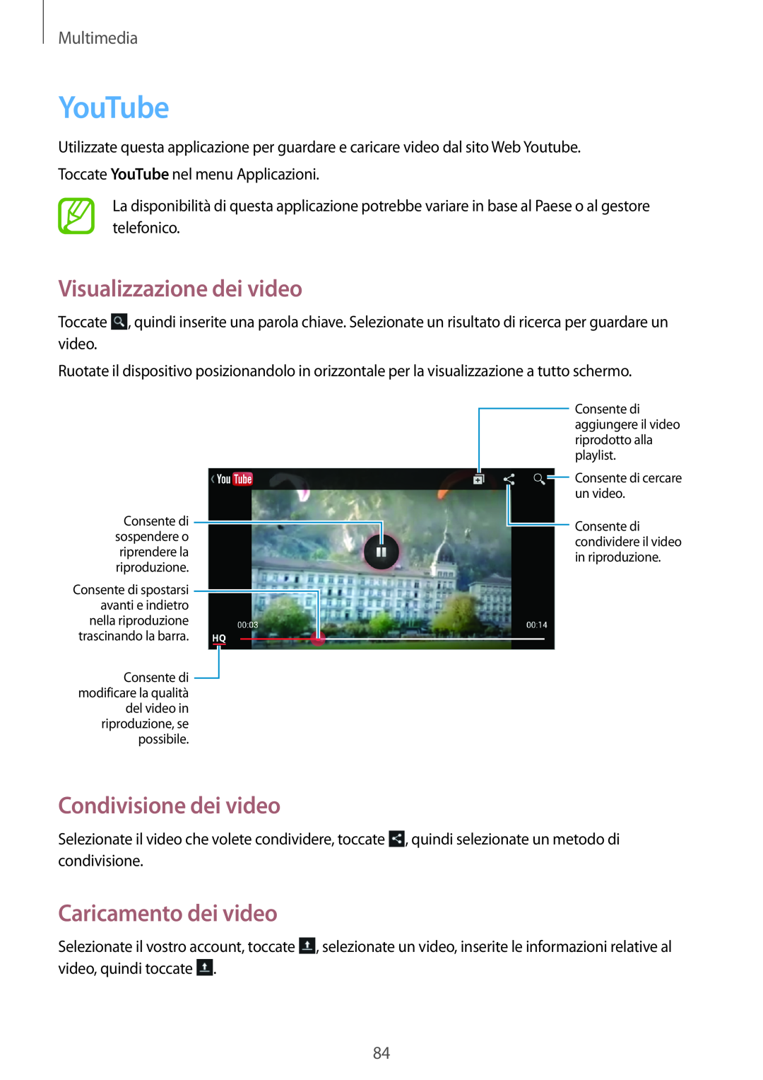 Samsung GT-I9195ZKAAUT manual YouTube, Visualizzazione dei video, Caricamento dei video, Condivisione dei video, Multimedia 