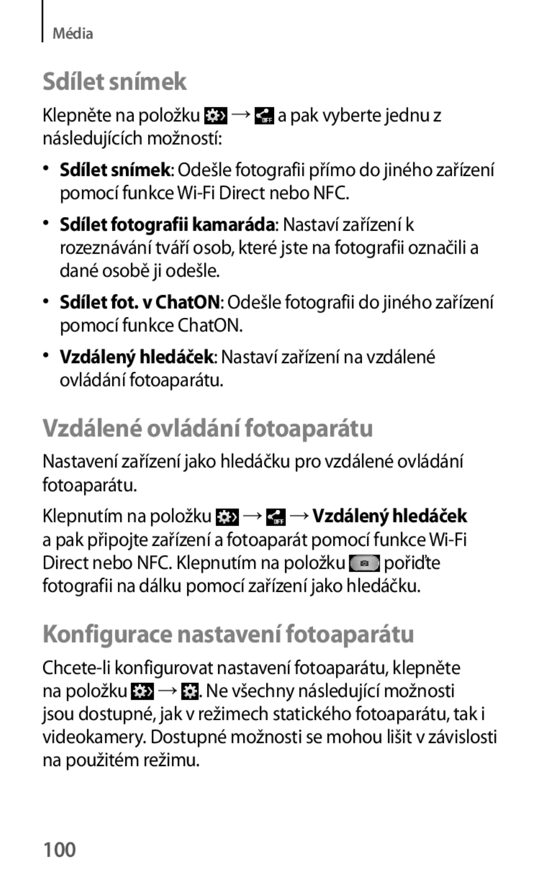 Samsung GT-I9195ZWAETL manual Sdílet snímek, Vzdálené ovládání fotoaparátu, Konfigurace nastavení fotoaparátu, 100 