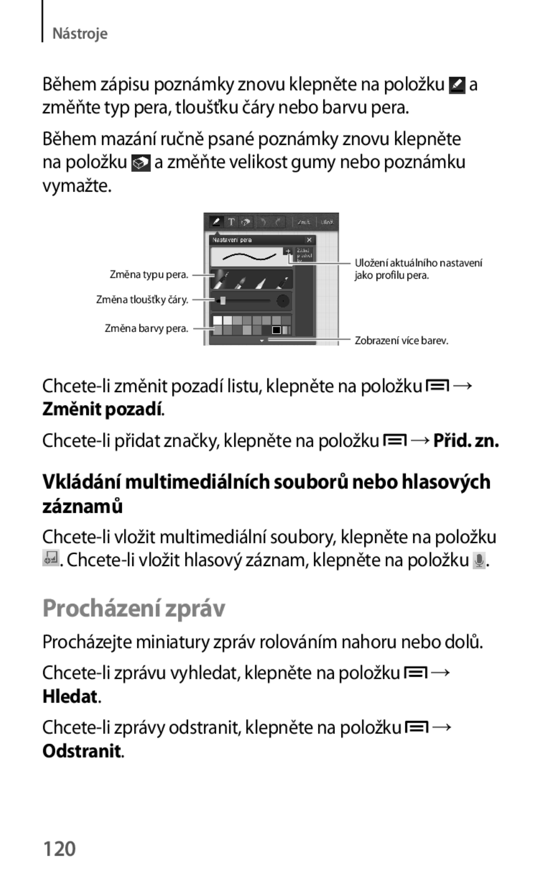 Samsung GT-I9195ZWIXEH, GT-I9195DKYPLS manual Procházení zpráv, Vkládání multimediálních souborů nebo hlasových záznamů, 120 