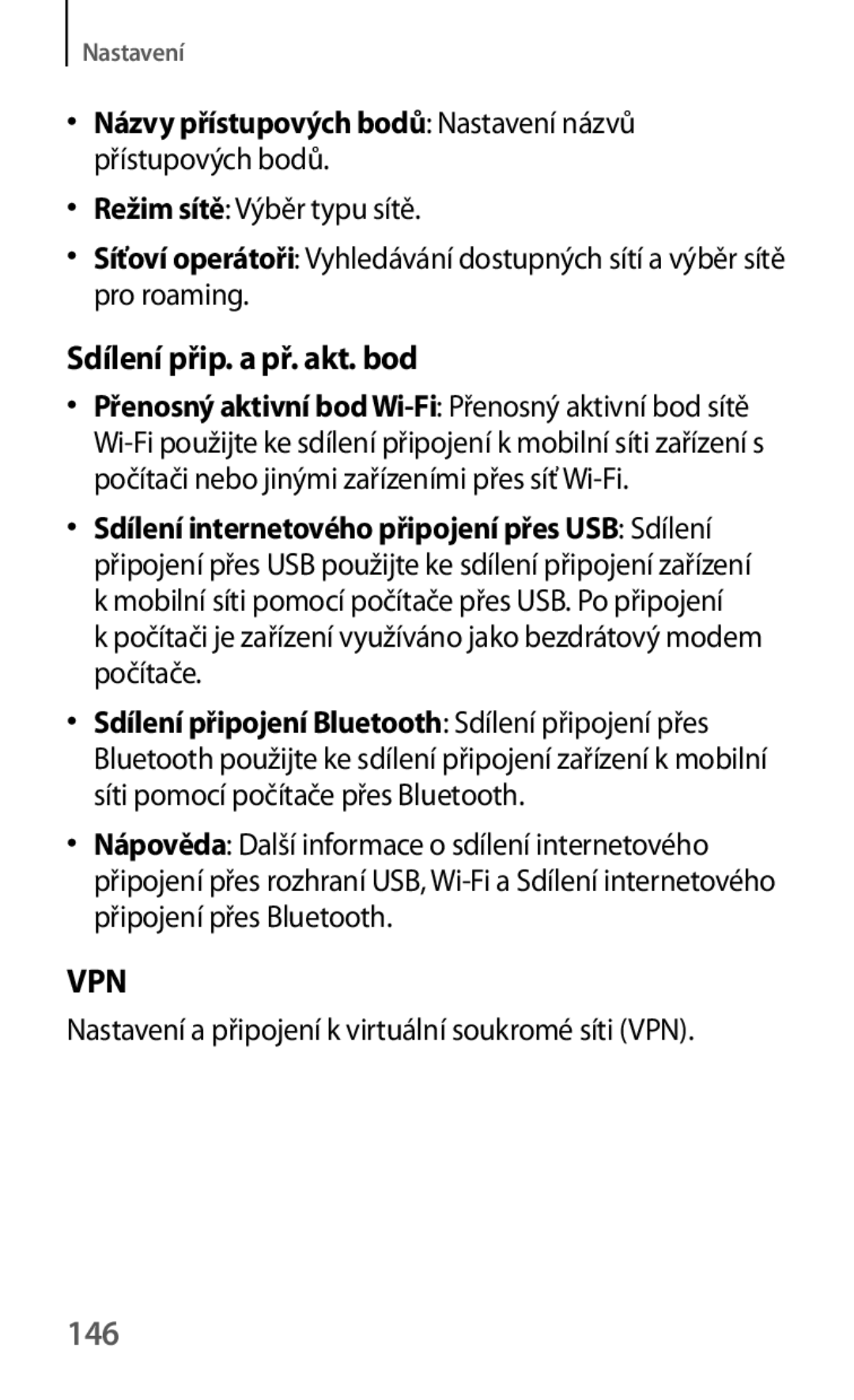 Samsung GT2I9195ZKAETL manual Sdílení přip. a př. akt. bod, 146, Názvy přístupových bodů Nastavení názvů přístupových bodů 