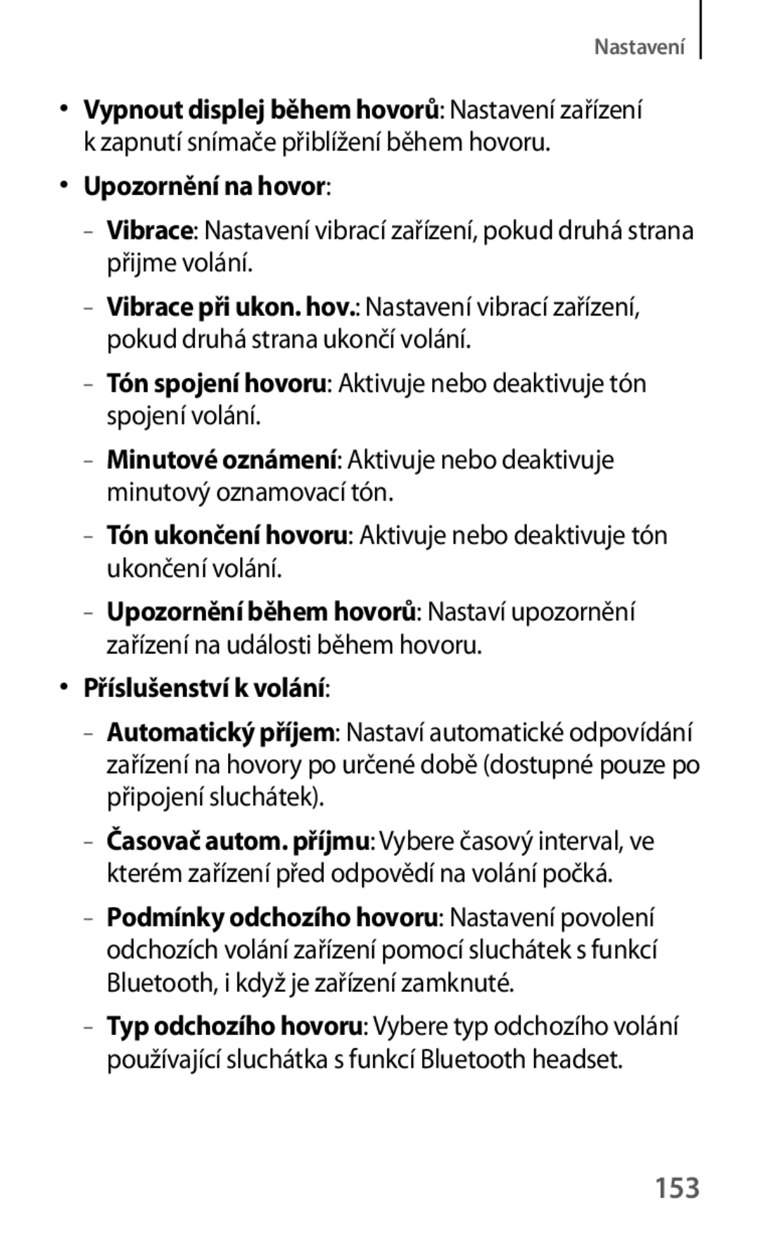 Samsung GT2I9195ZWAORX, GT-I9195DKYPLS, GT-I9195ZKIATO, GT-I9195ZKAATO manual 153, Upozornění na hovor, Příslušenství k volání 