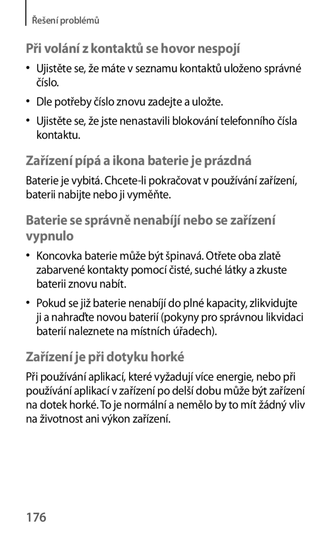 Samsung GT-I9195ZKAATO, GT-I9195DKYPLS, GT-I9195ZKIATO, GT-I9195ZWAXEO manual Při volání z kontaktů se hovor nespojí, 176 