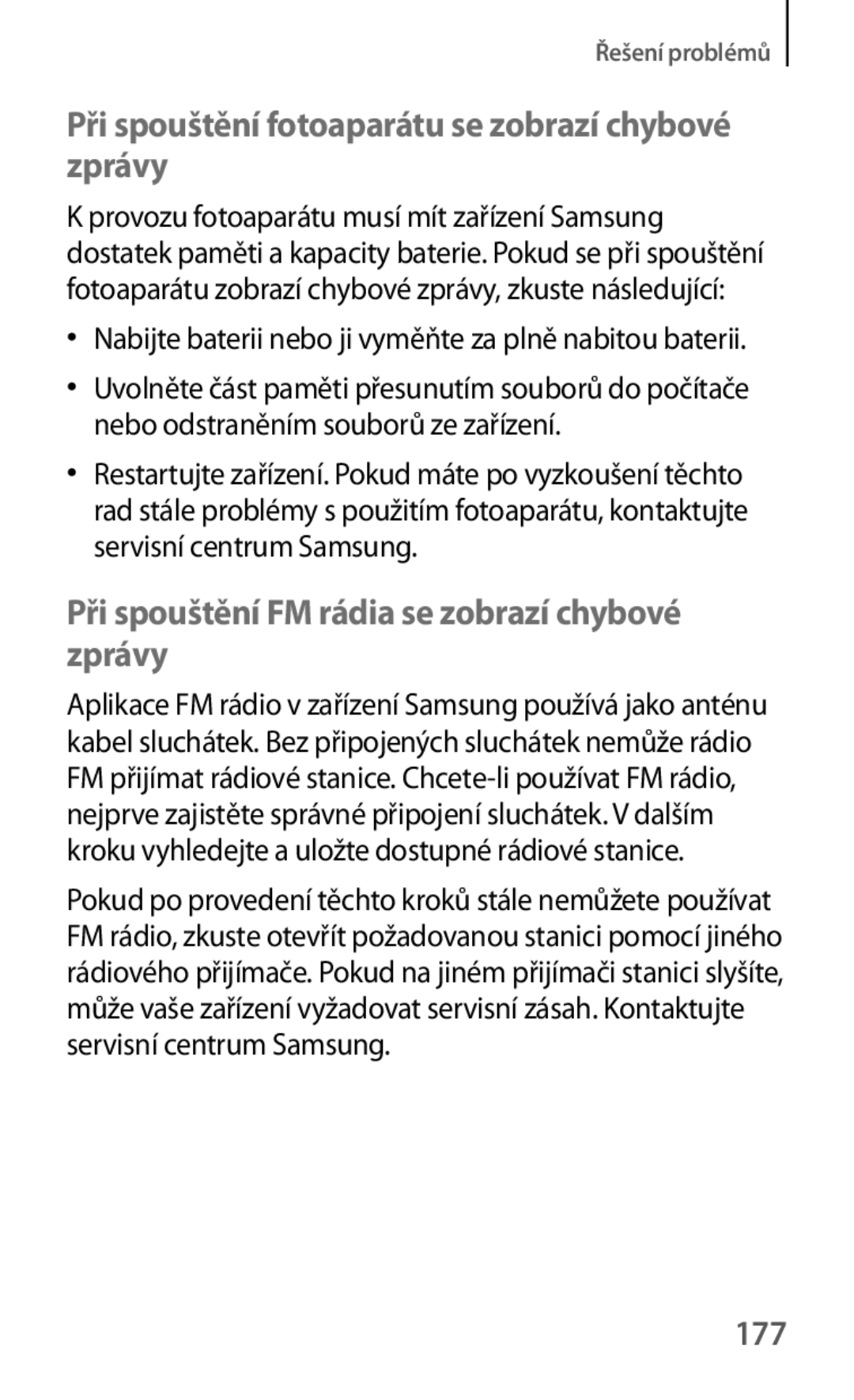 Samsung GT-I9195ZWAXEO, GT-I9195DKYPLS, GT-I9195ZKIATO manual Při spouštění fotoaparátu se zobrazí chybové zprávy, 177 