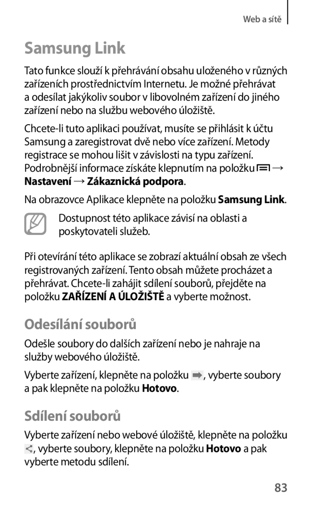 Samsung GT-I9195ZWIORX, GT-I9195DKYPLS manual Samsung Link, Odesílání souborů, Sdílení souborů, Vyberte metodu sdílení 