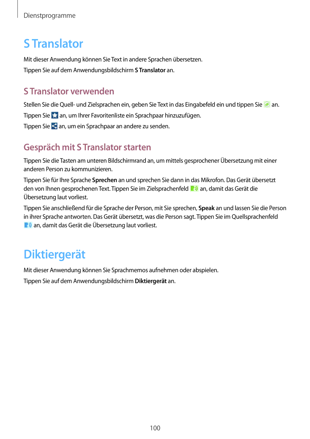 Samsung GT-I9195ZWAEUR, GT-I9195ZKADBT manual Diktiergerät, Translator verwenden, Gespräch mit S Translator starten 