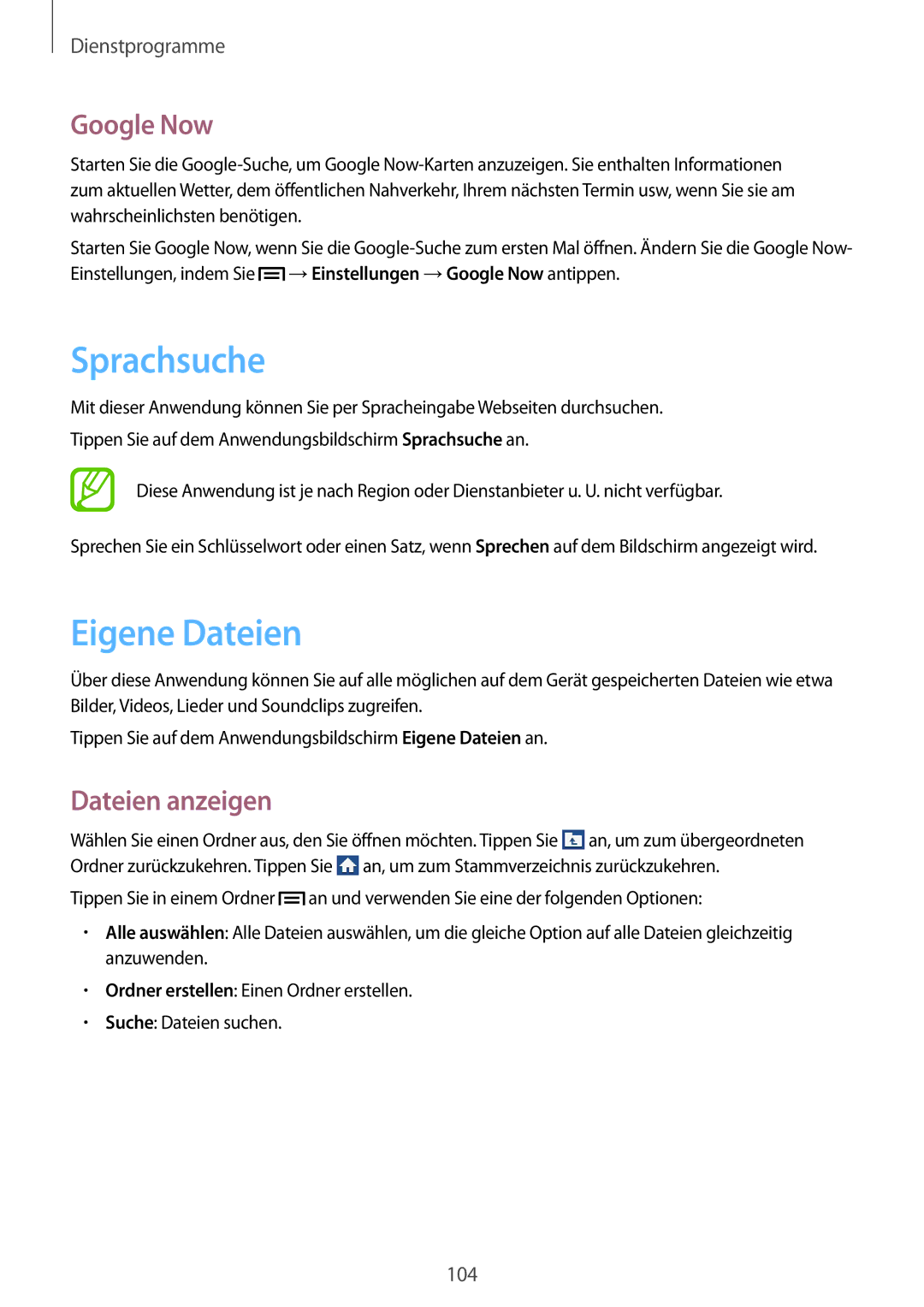 Samsung GT-I9195ZKAXEG, GT-I9195ZKADBT, GT-I9195DKYPLS manual Sprachsuche, Eigene Dateien, Google Now, Dateien anzeigen 