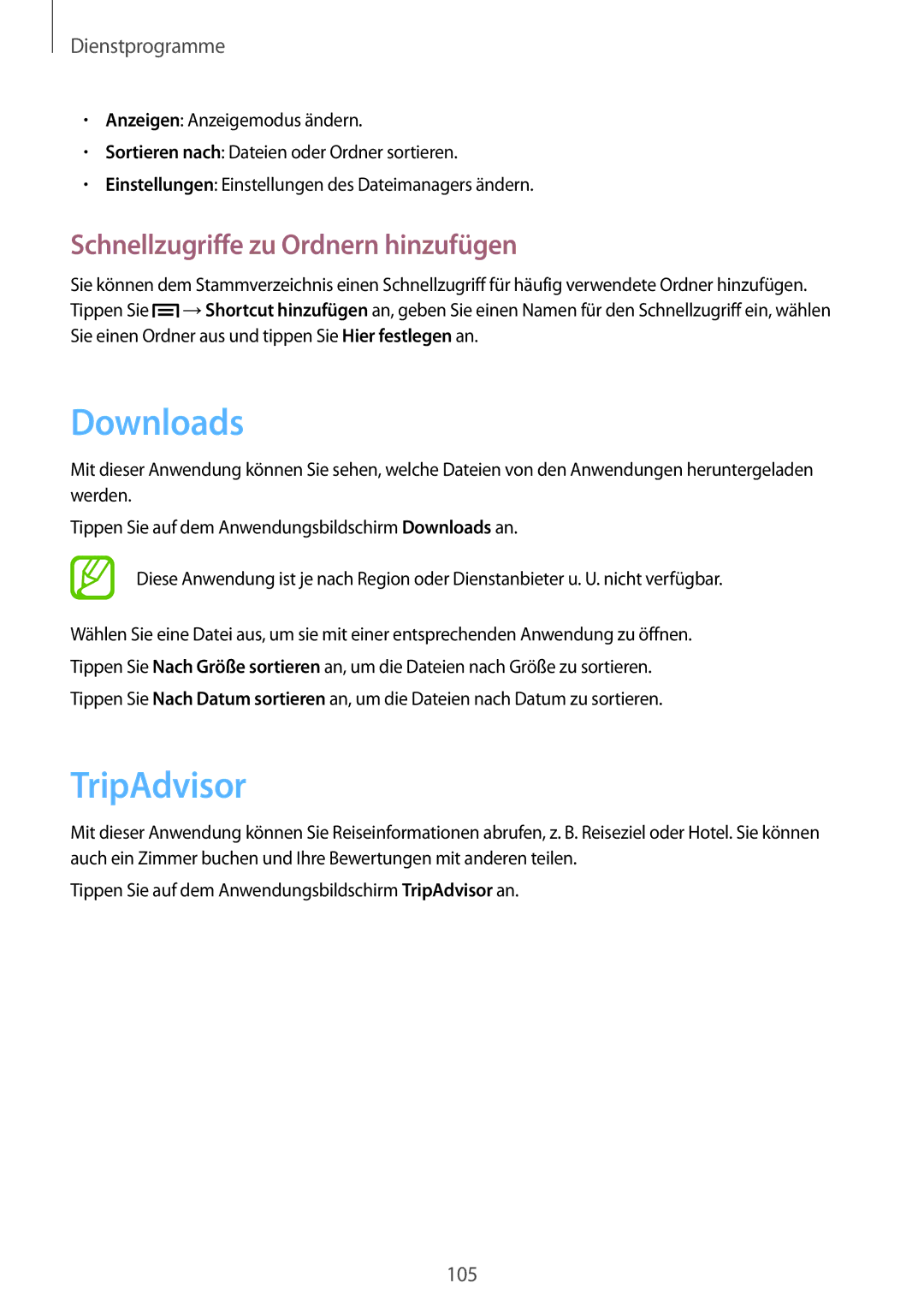 Samsung GT-I9195ZKAMOB, GT-I9195ZKADBT, GT-I9195DKYPLS manual Downloads, TripAdvisor, Schnellzugriffe zu Ordnern hinzufügen 