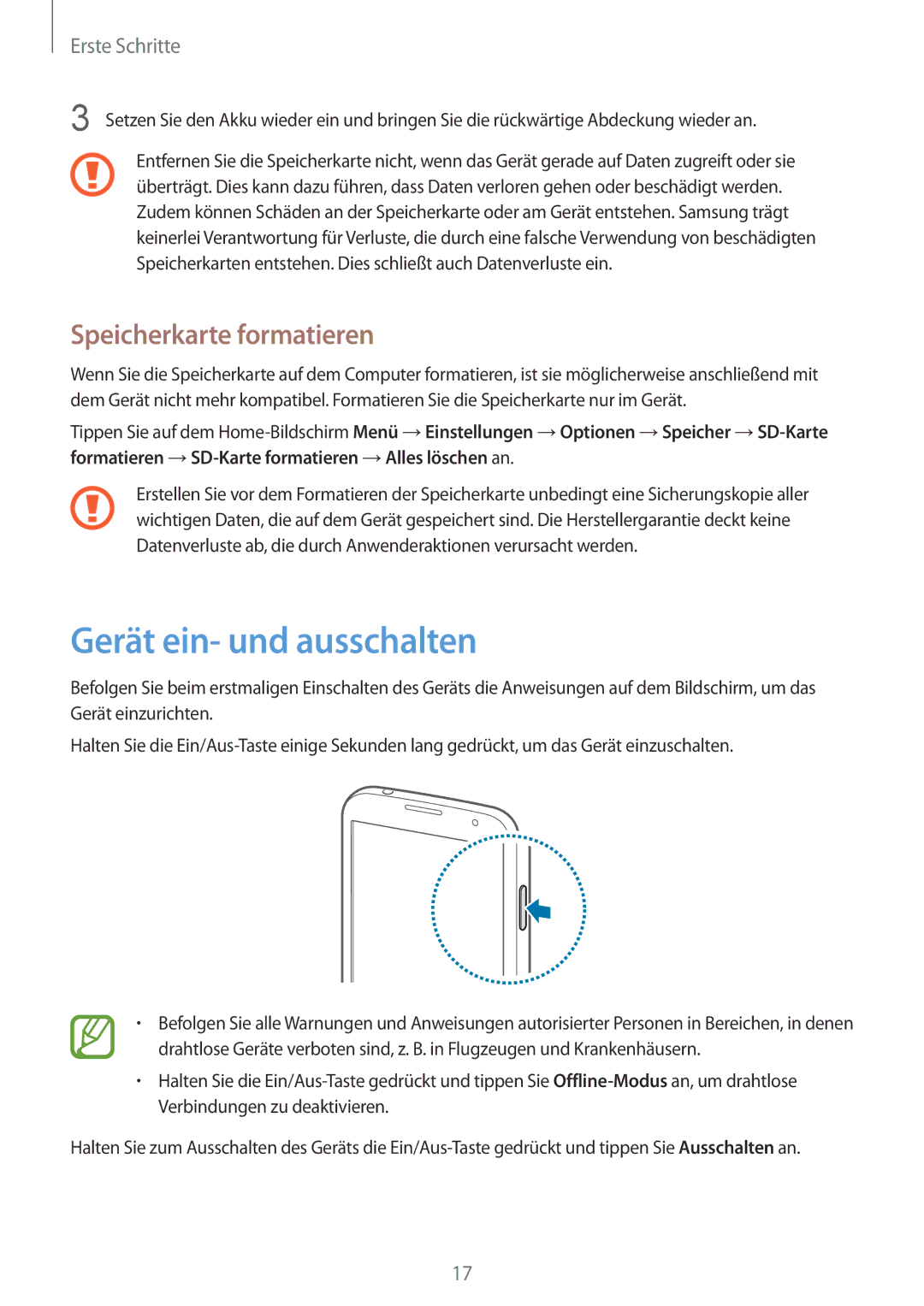 Samsung GT-I9195ZKAVIA, GT-I9195ZKADBT, GT-I9195DKYPLS, GT-I9195ZKIATO Gerät ein- und ausschalten, Speicherkarte formatieren 