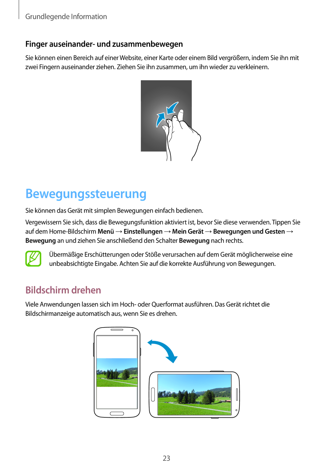 Samsung GT-I9195ZWAITV, GT-I9195ZKADBT manual Bewegungssteuerung, Bildschirm drehen, Finger auseinander- und zusammenbewegen 
