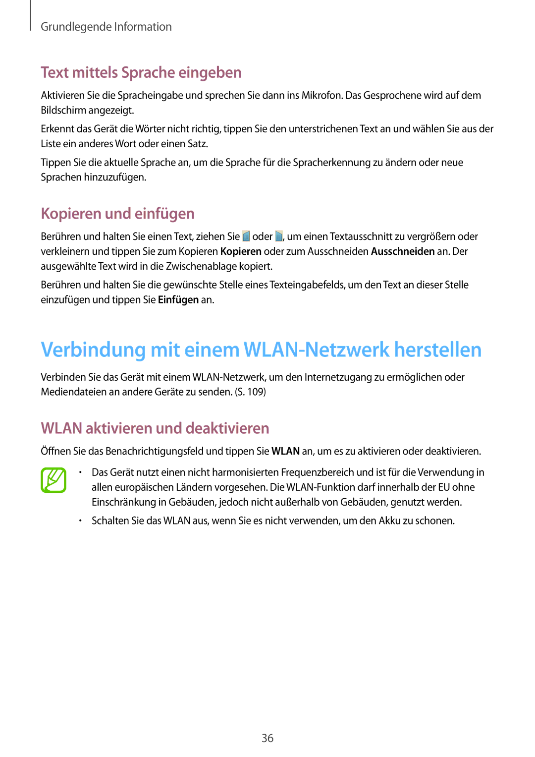 Samsung GT-I9195ZWAMOB manual Text mittels Sprache eingeben, Kopieren und einfügen, Wlan aktivieren und deaktivieren 