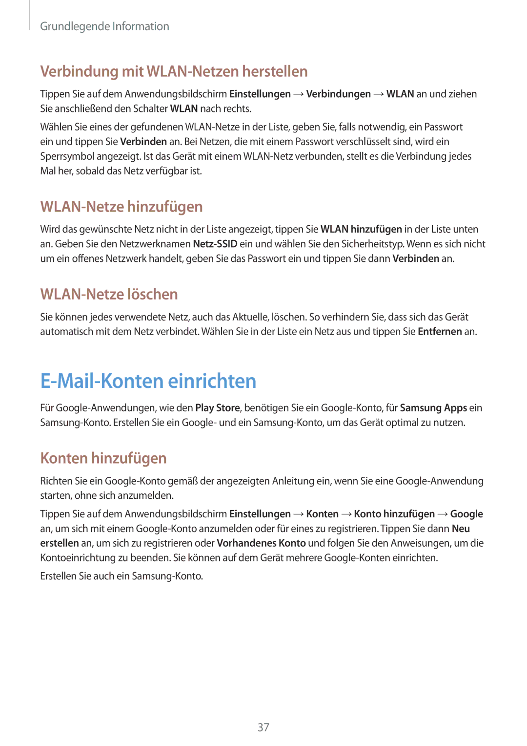 Samsung GT-I9195ZWAMEO manual Mail-Konten einrichten, Verbindung mit WLAN-Netzen herstellen, WLAN-Netze hinzufügen 