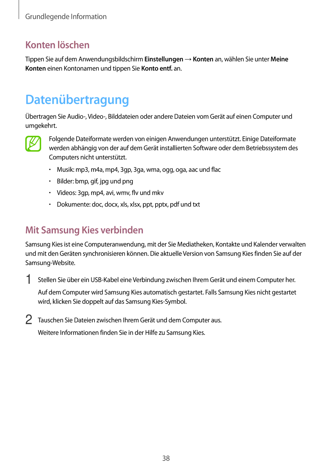 Samsung GT-I9195ZWAEUR, GT-I9195ZKADBT, GT-I9195DKYPLS manual Datenübertragung, Konten löschen, Mit Samsung Kies verbinden 