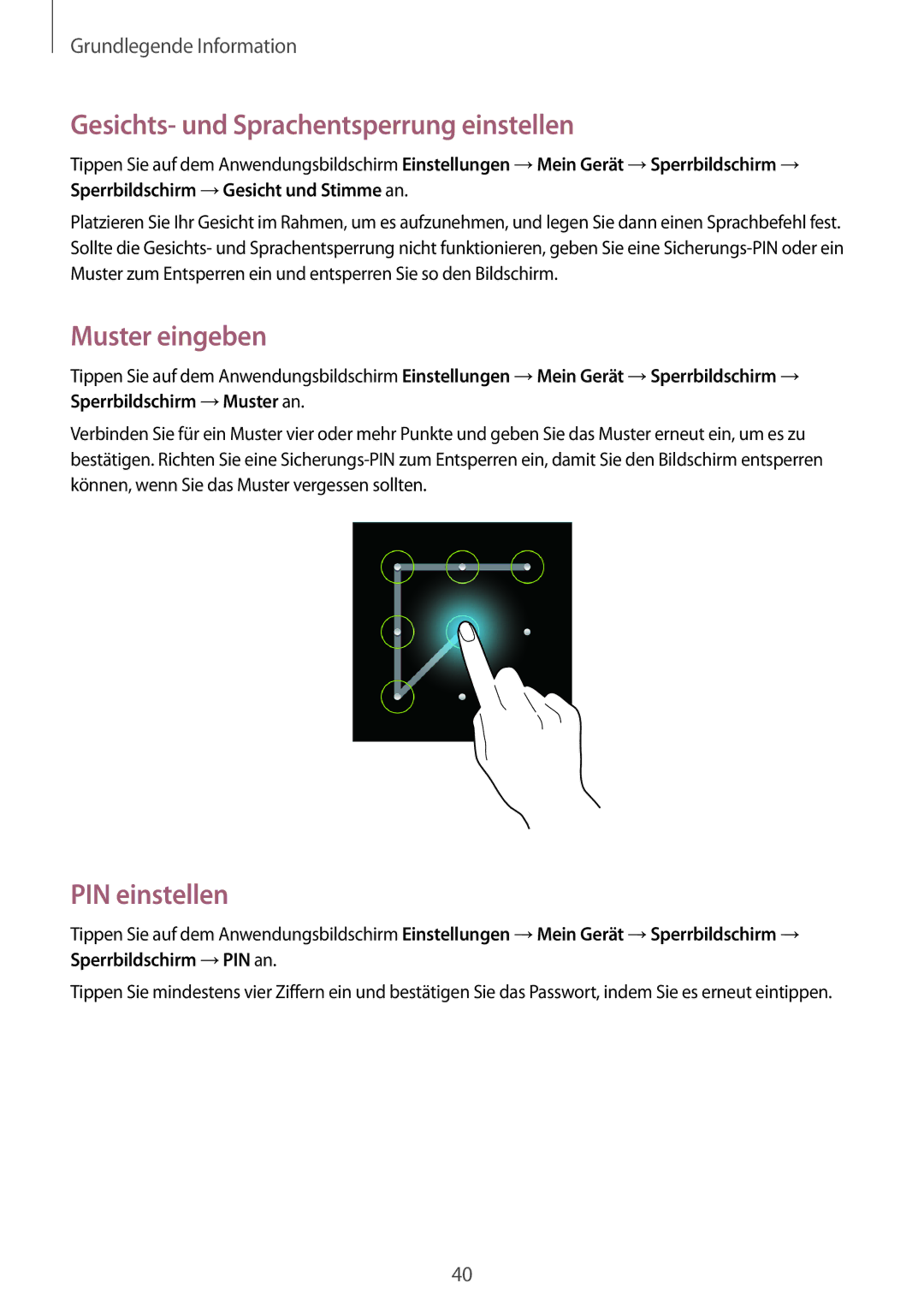 Samsung GT-I9195ZWACOS, GT-I9195ZKADBT manual Gesichts- und Sprachentsperrung einstellen, Muster eingeben, PIN einstellen 