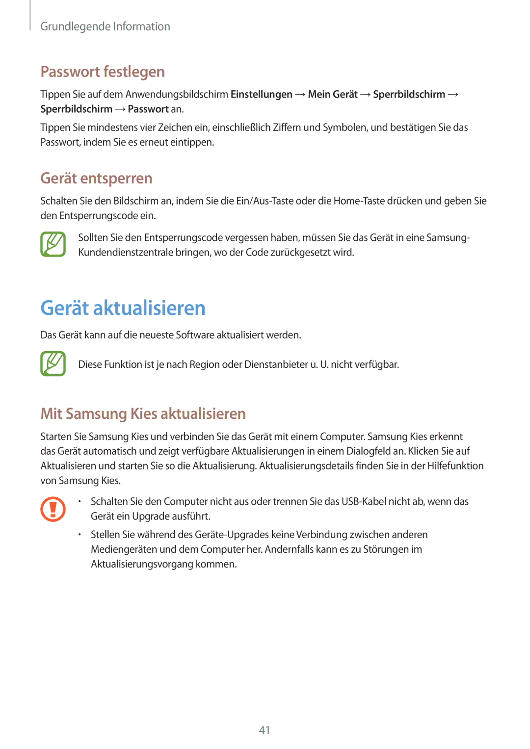 Samsung GT-I9195ZRZSEB manual Gerät aktualisieren, Passwort festlegen, Gerät entsperren, Mit Samsung Kies aktualisieren 