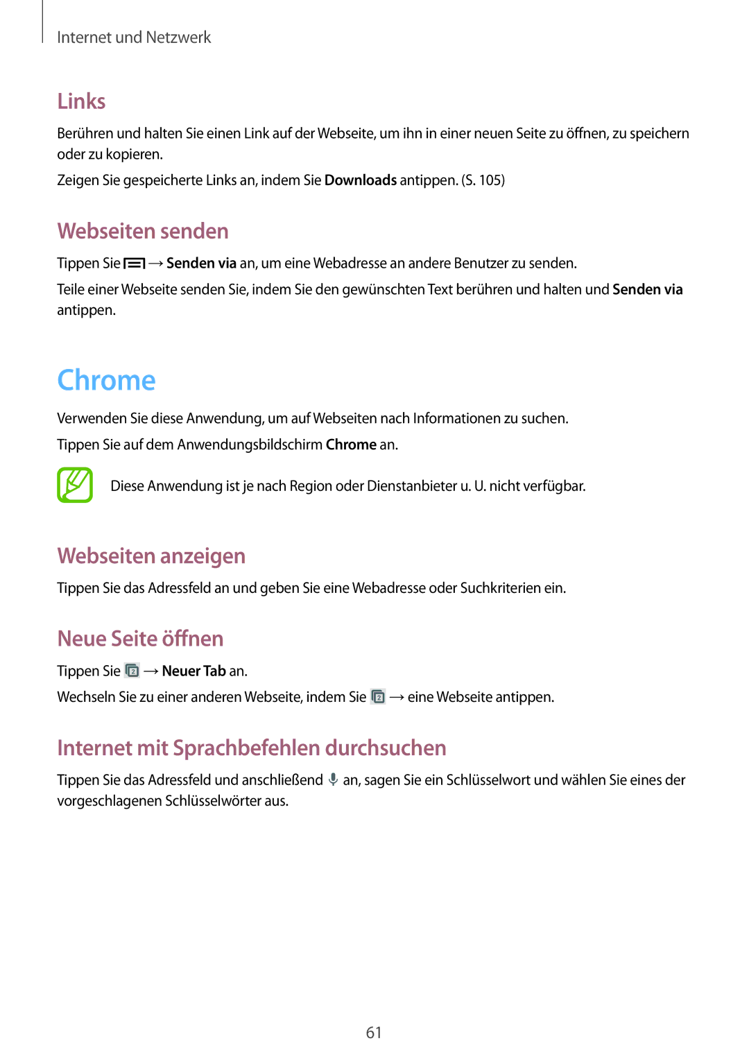 Samsung GT-I9195ZWABOG, GT-I9195ZKADBT manual Chrome, Links, Webseiten senden, Internet mit Sprachbefehlen durchsuchen 