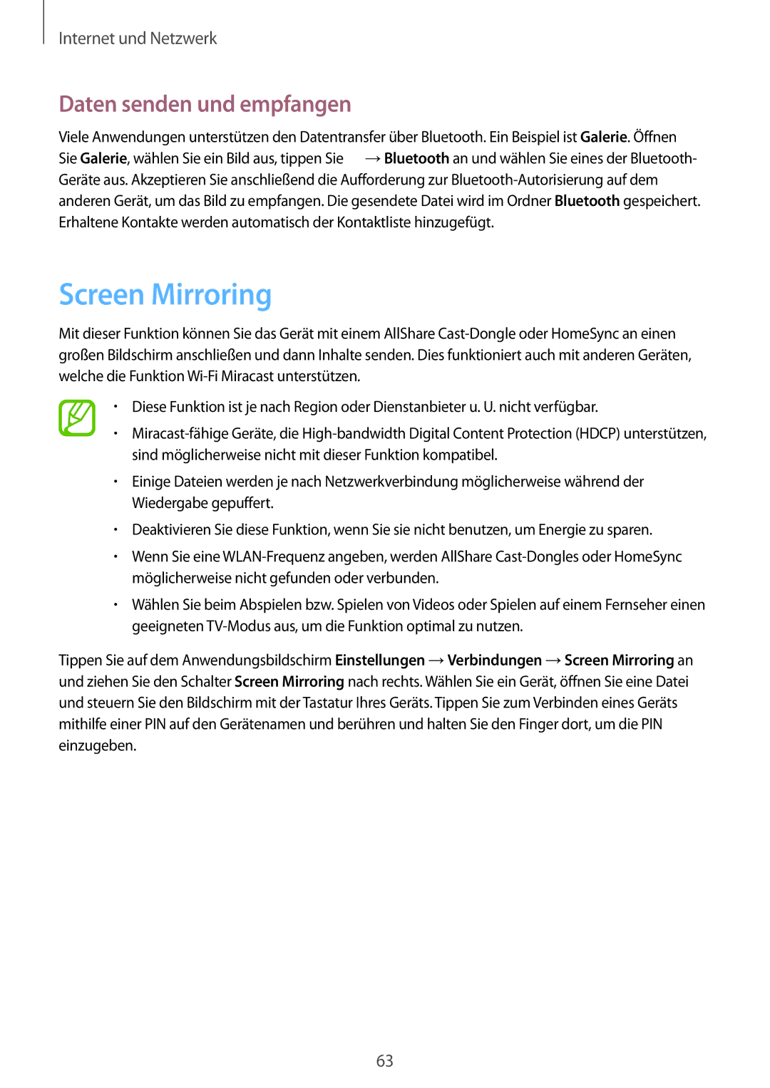 Samsung GT-I9195DKYPLS, GT-I9195ZKADBT, GT-I9195ZKIATO, GT-I9195ZKAWIN manual Screen Mirroring, Daten senden und empfangen 