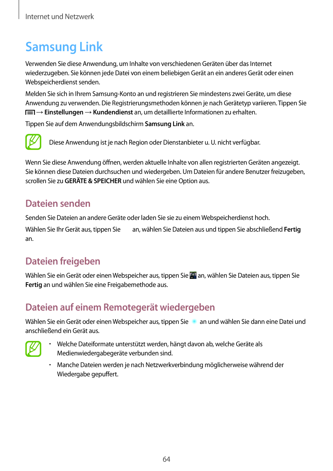 Samsung GT-I9195ZKIATO manual Samsung Link, Dateien senden, Dateien freigeben, Dateien auf einem Remotegerät wiedergeben 