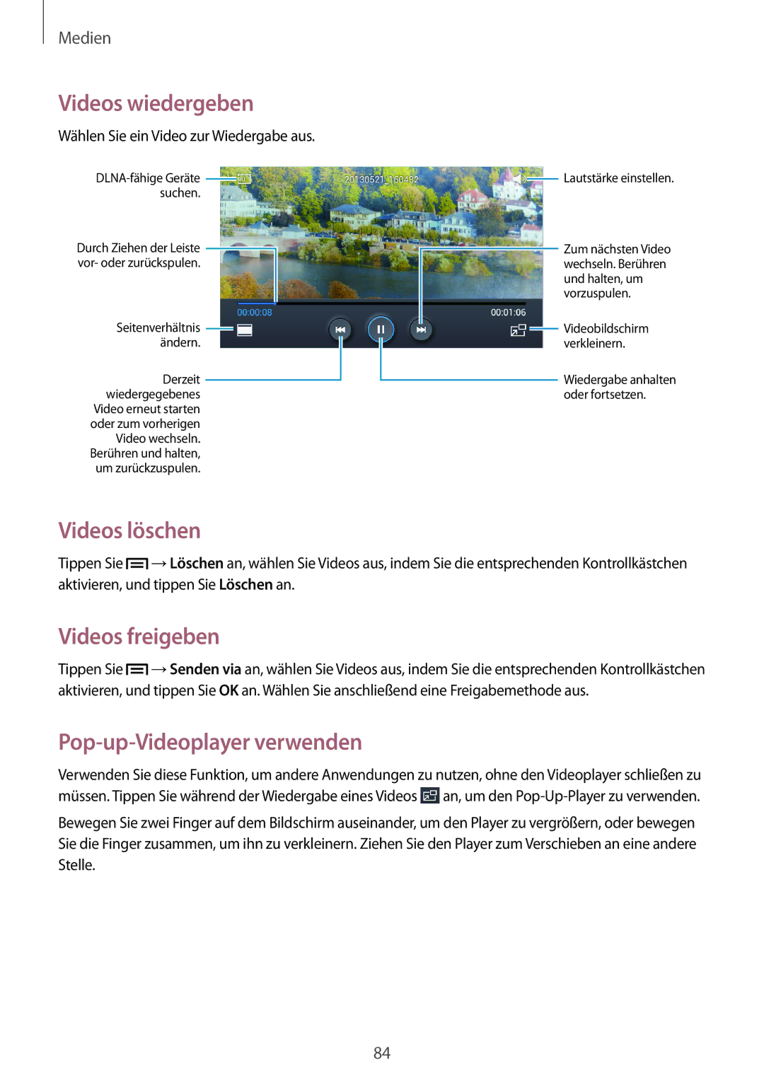 Samsung GT-I9195ZWAVGR, GT-I9195ZKADBT, GT-I9195DKYPLS manual Videos löschen, Videos freigeben, Pop-up-Videoplayer verwenden 