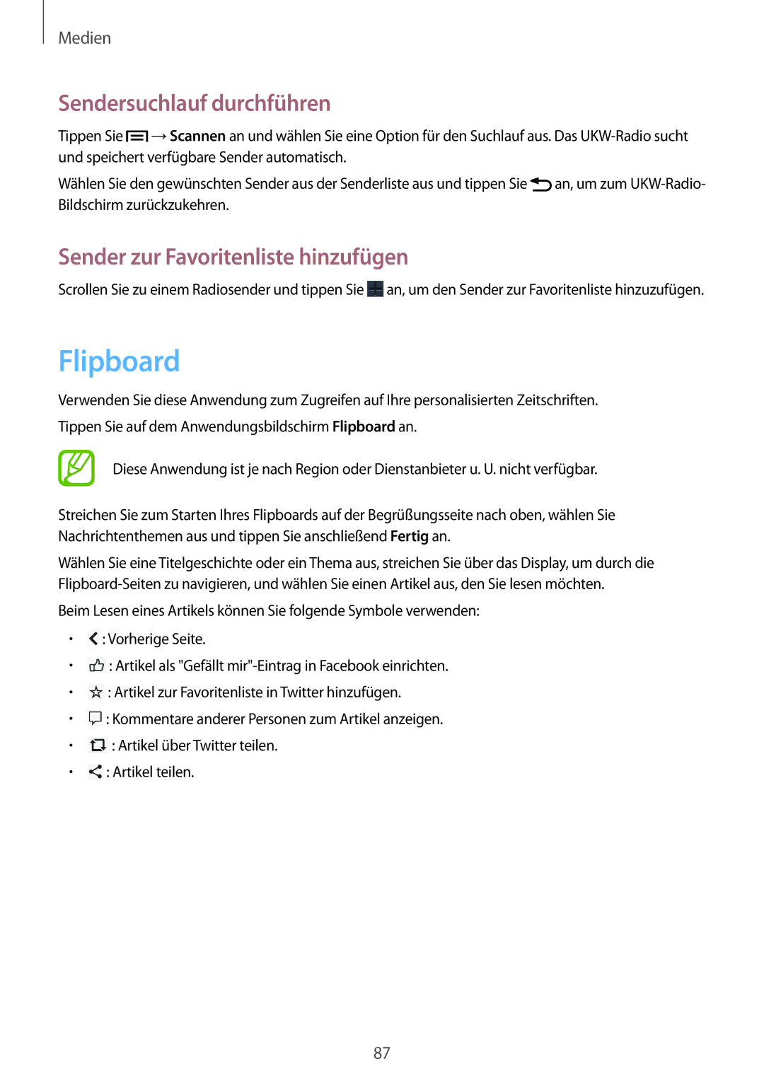Samsung GT-I9195ZKIDBT, GT-I9195ZKADBT manual Flipboard, Sendersuchlauf durchführen, Sender zur Favoritenliste hinzufügen 