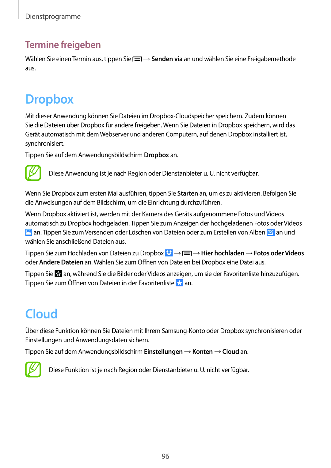 Samsung GT-I9195ZWATCL, GT-I9195ZKADBT, GT-I9195DKYPLS, GT-I9195ZKIATO, GT-I9195ZKAWIN manual Dropbox, Cloud, Termine freigeben 