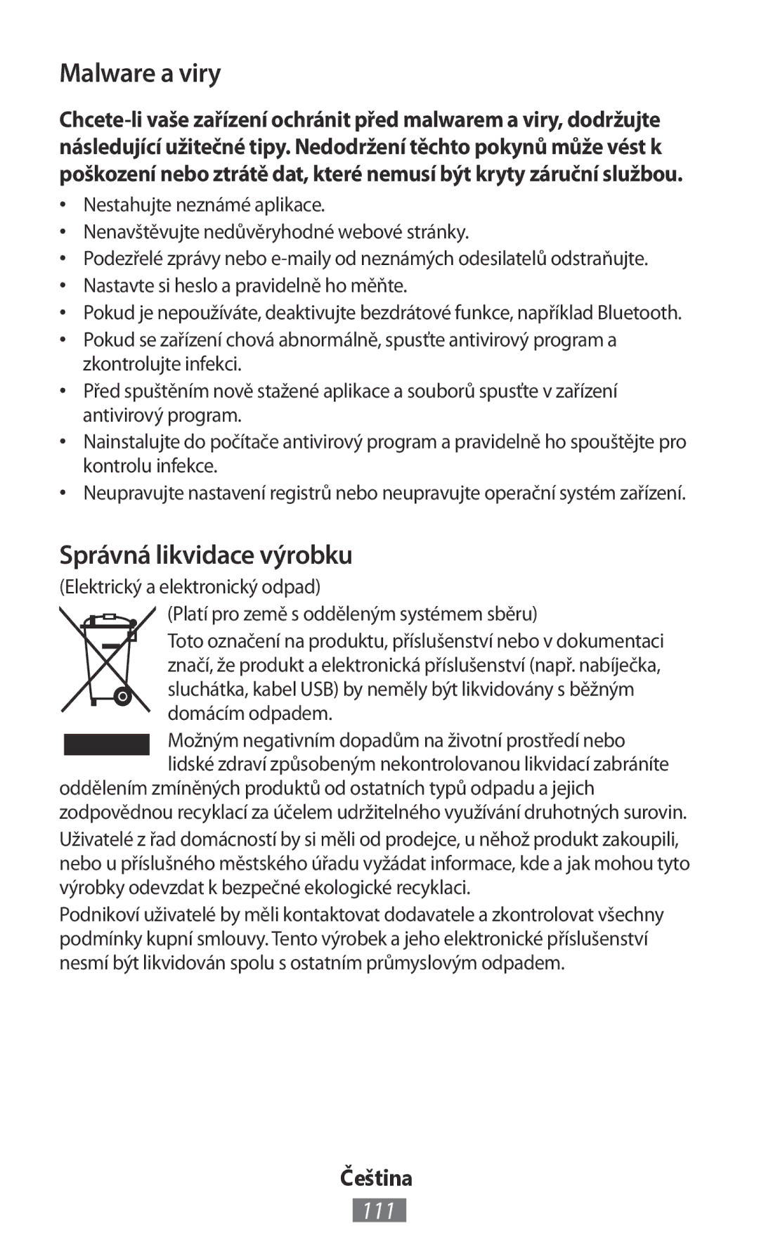 Samsung GT-I9505ZBADBT, GT-I9195ZKADBT, GT-I9195DKYPLS, GT-S5310KWHDBT manual Malware a viry, Správná likvidace výrobku, 111 