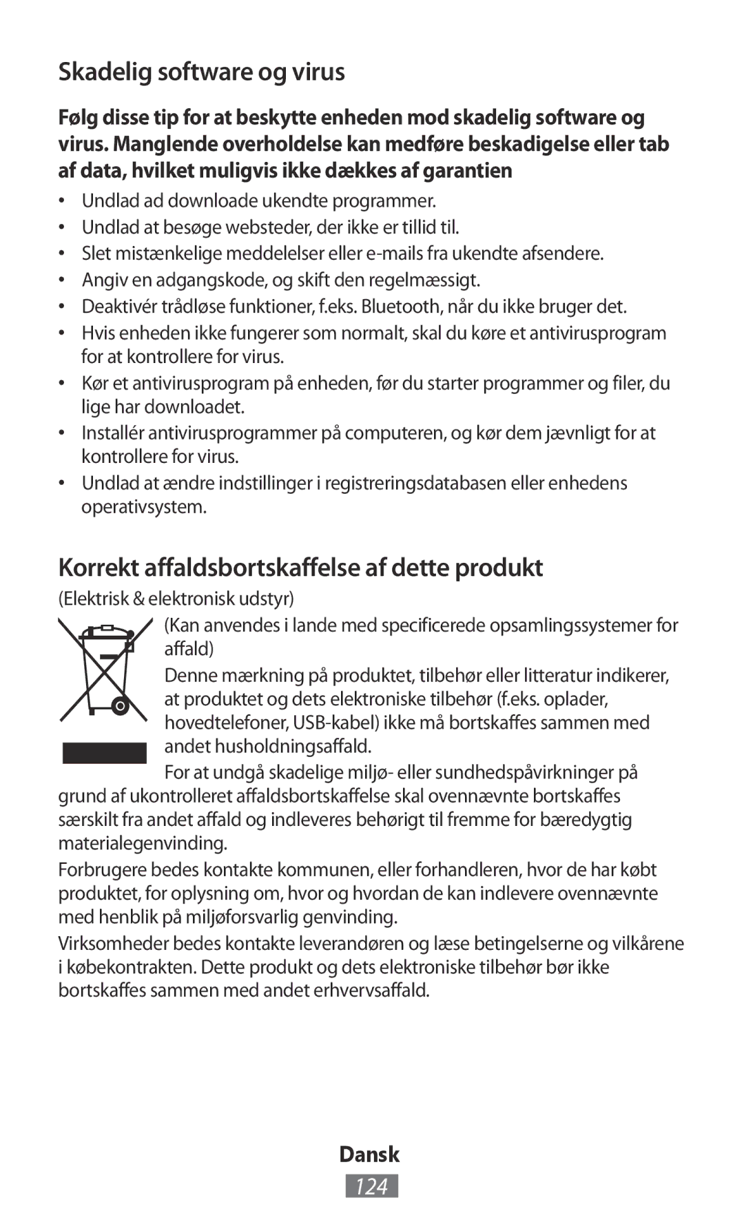 Samsung GT-S5310BKADBT, GT-I9195ZKADBT manual Skadelig software og virus, Korrekt affaldsbortskaffelse af dette produkt, 124 