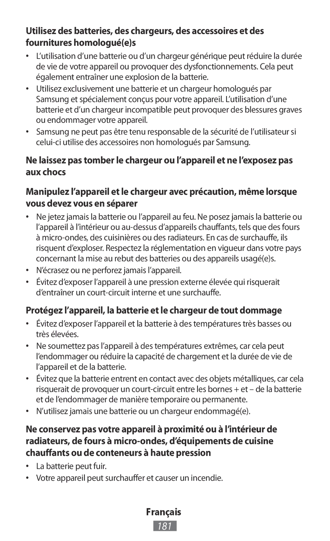 Samsung GT-I9195DKVLUX, GT-I9195ZKADBT, GT-I9195DKYPLS manual 181, ’utilisez jamais une batterie ou un chargeur endommagée 