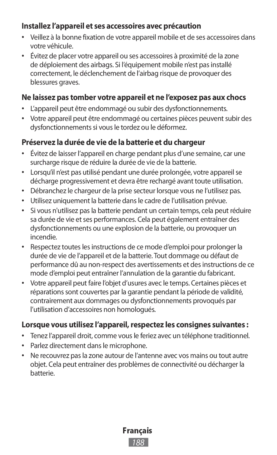 Samsung GT-I9195ZWILUX, GT-I9195ZKADBT, GT-I9195DKYPLS manual 188, Installez l’appareil et ses accessoires avec précaution 