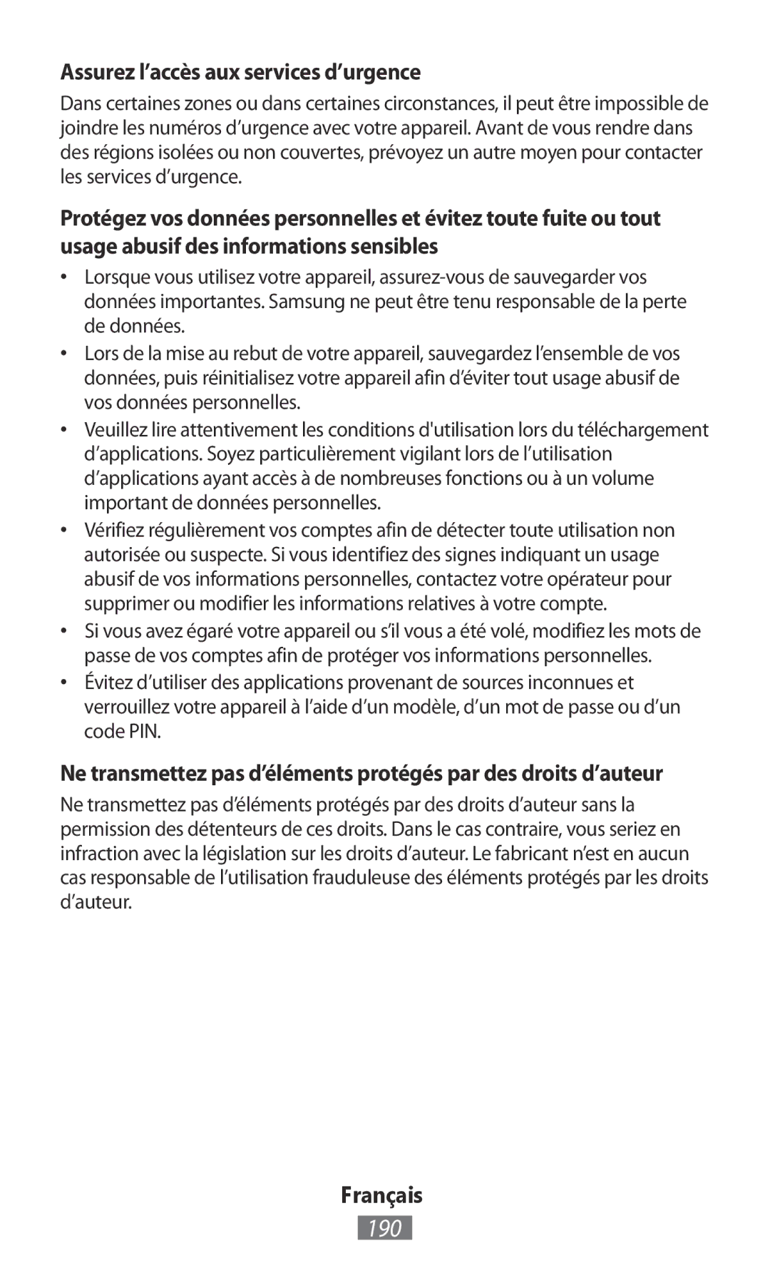 Samsung GT-S5310RWVOMN, GT-I9195ZKADBT, GT-I9195DKYPLS, GT-S5310KWHDBT manual 190, Assurez l’accès aux services d’urgence 