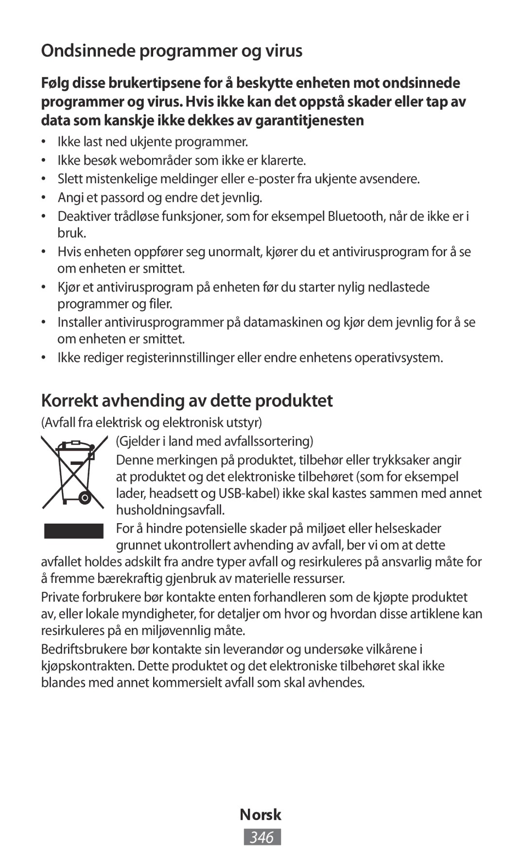 Samsung GT-I9192ZWABTC, GT-I9195ZKADBT manual Ondsinnede programmer og virus, Korrekt avhending av dette produktet, 346 