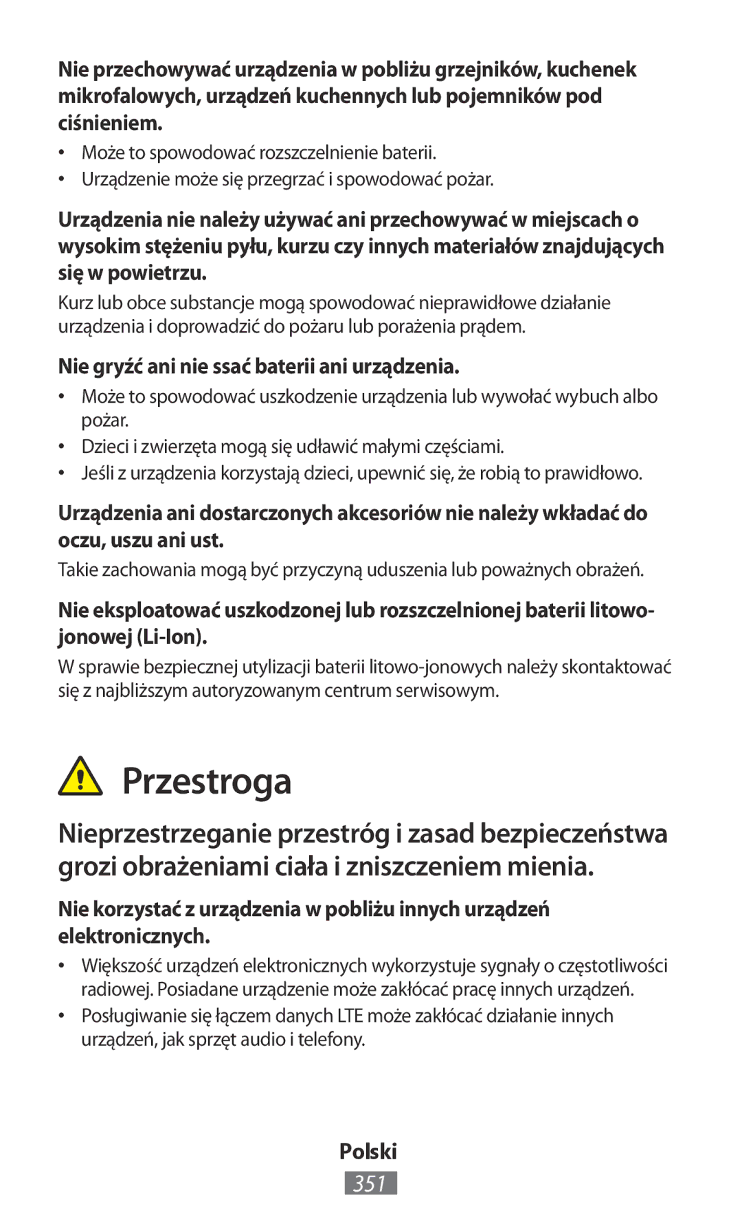 Samsung GT-I9505DKYKSA, GT-I9195ZKADBT, GT-I9195DKYPLS manual Przestroga, 351, Nie gryźć ani nie ssać baterii ani urządzenia 