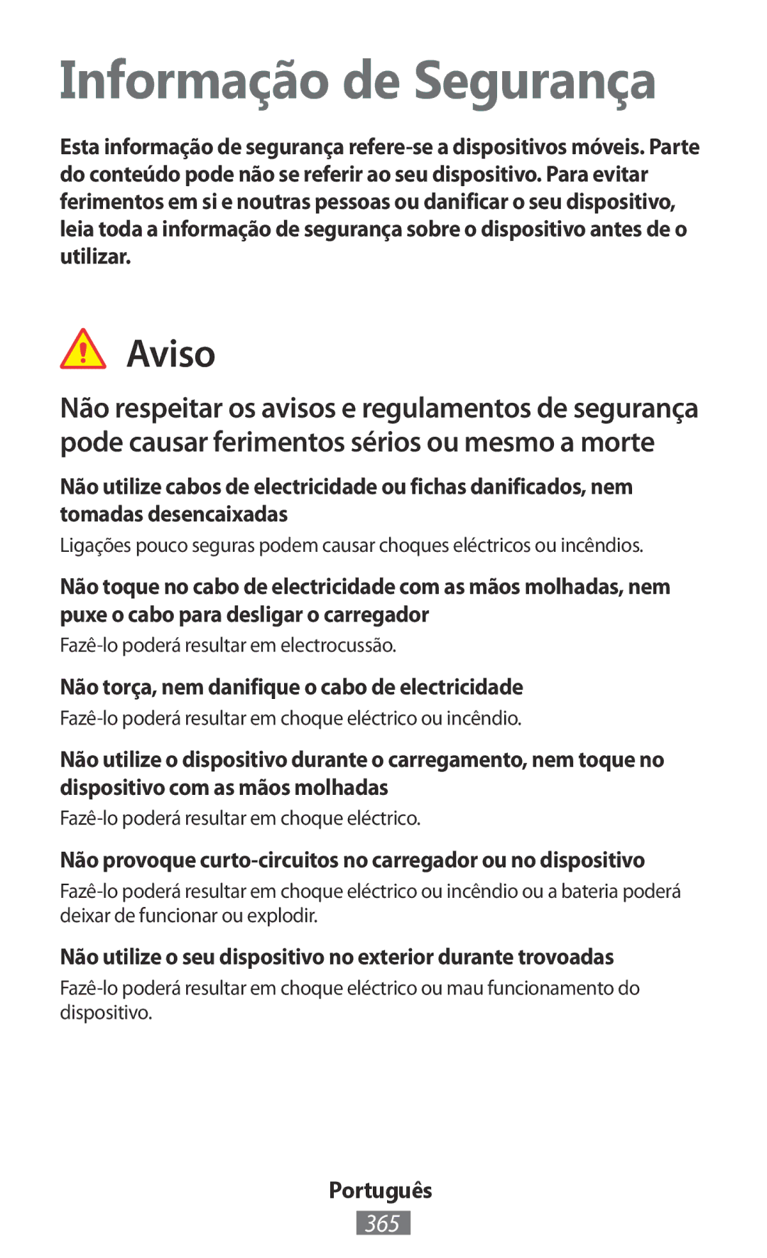 Samsung GT-S7270UWAKSA, GT-I9195ZKADBT, GT-I9195DKYPLS, GT-S5310KWHDBT manual Informação de Segurança, Aviso, 365, Português 